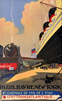 Poster di viaggio originale d'epoca Parigi Havre New York French Line Sebille Art Deco