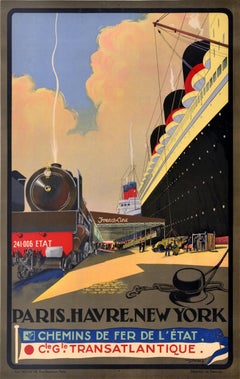 Poster di viaggio originale d'epoca Parigi Havre New York French Line Sebille Art Deco
