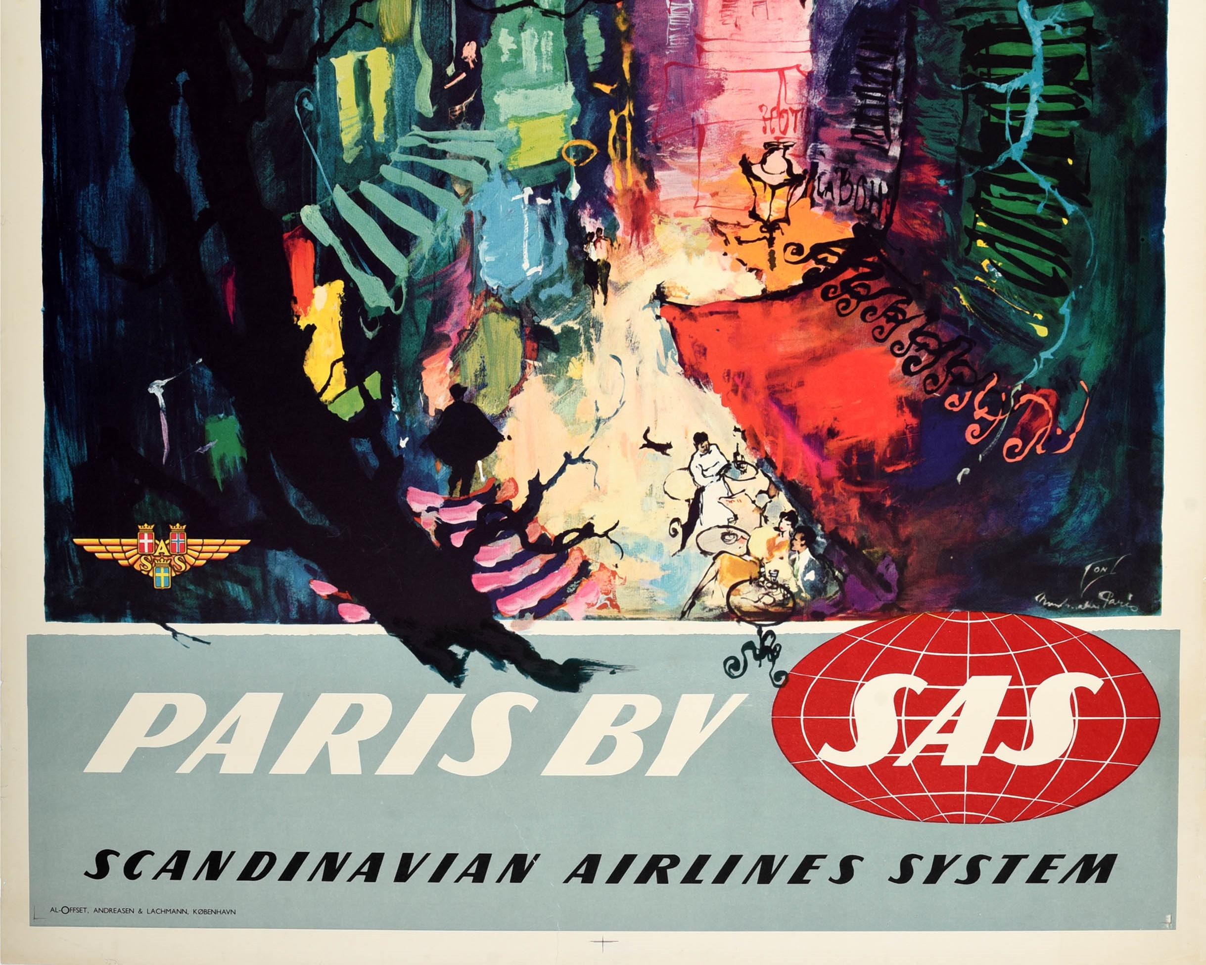 Danish Original Vintage Travel Poster Paris SAS Scandinavian Airlines Montmartre France