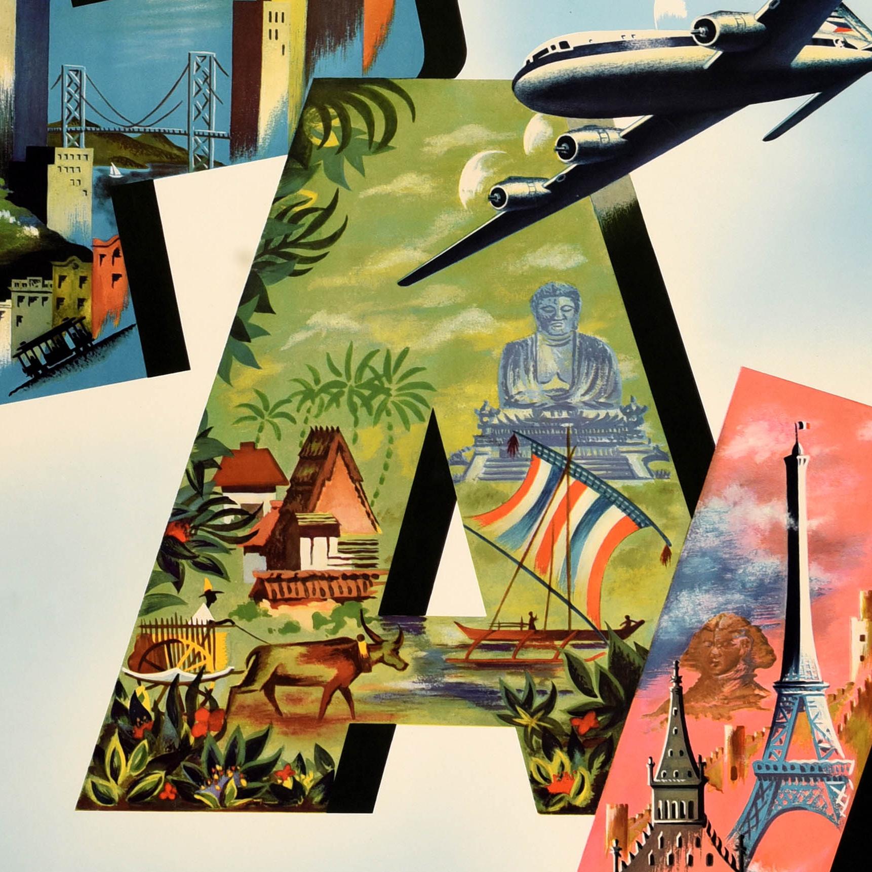 American Original Vintage Travel Poster Philippine Airlines PAL USA The Orient Europe For Sale