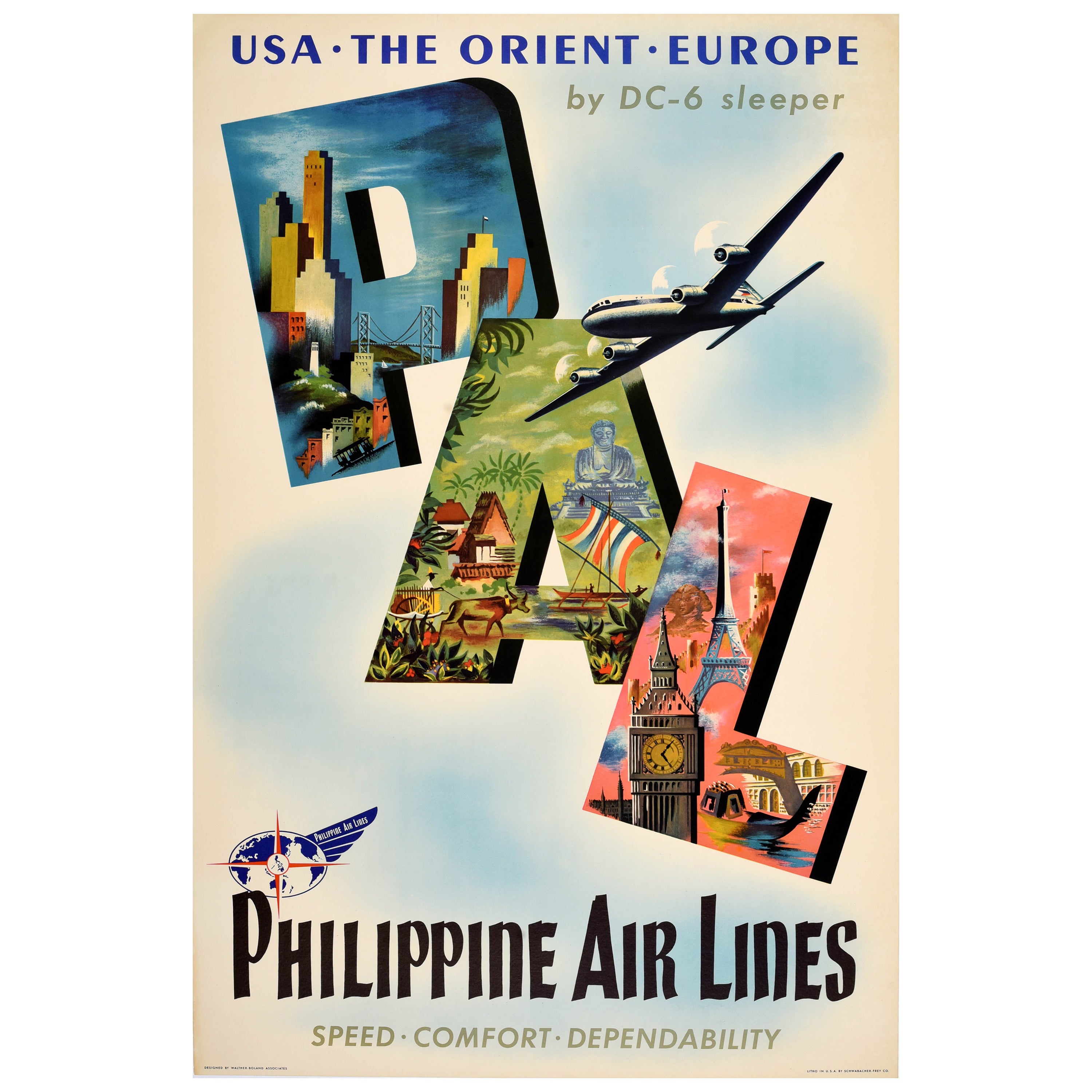 Affiche de voyage originale Philippine Airlines PAL USA The Orient Europe
