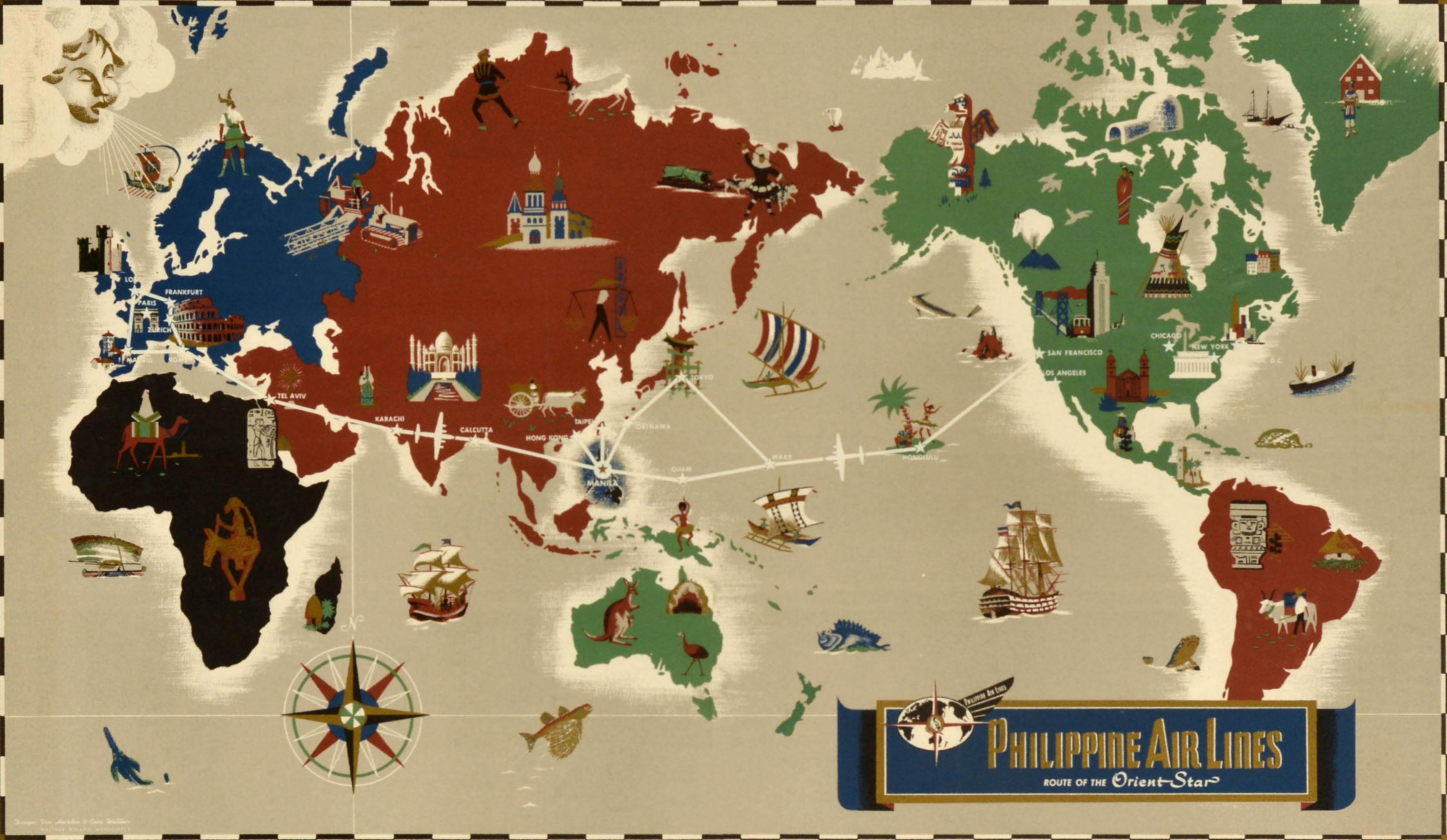 Poster pubblicitario d'epoca originale - Philippine Air Lines Route of the Orient Star - con una mappa del mondo che indica la rotta della compagnia aerea che collega Manila nelle Filippine, contrassegnata da una stella dorata al centro, alle città