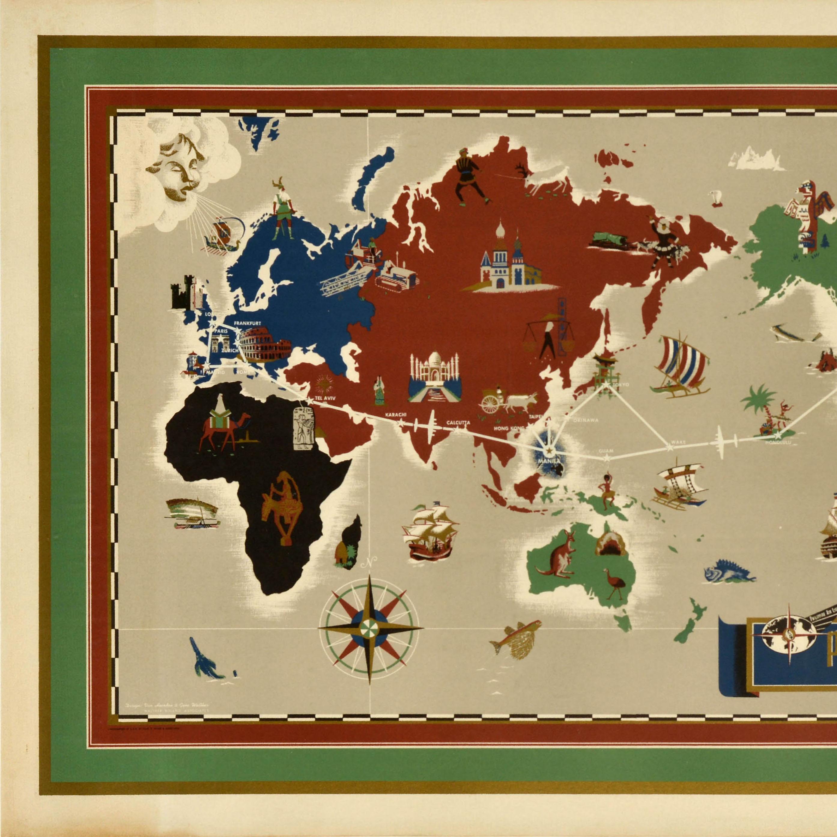 Americano Poster di viaggio originale d'epoca Phillipine Airlines Route Of The Orient Star PAL in vendita