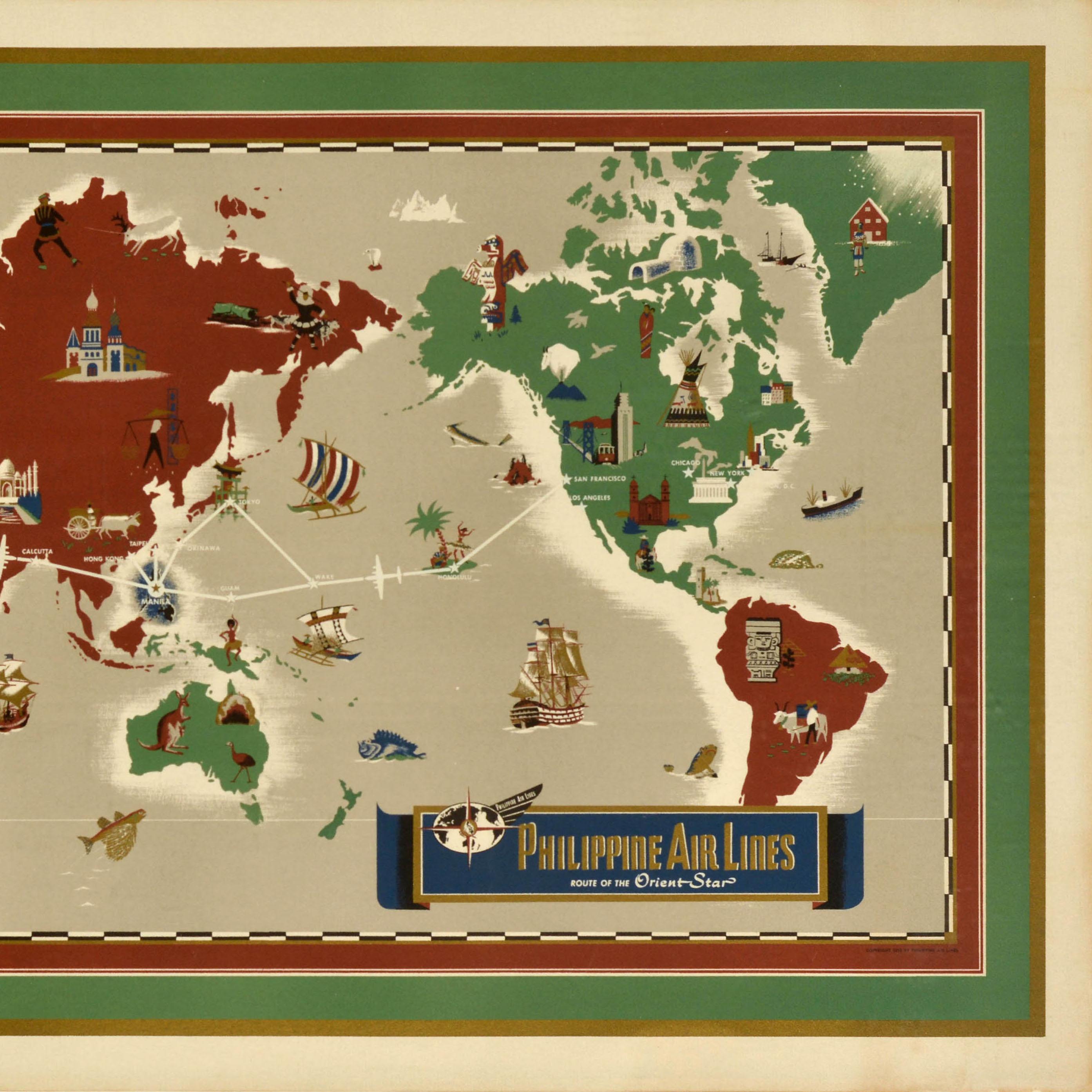 Poster di viaggio originale d'epoca Phillipine Airlines Route Of The Orient Star PAL In condizioni buone in vendita a London, GB