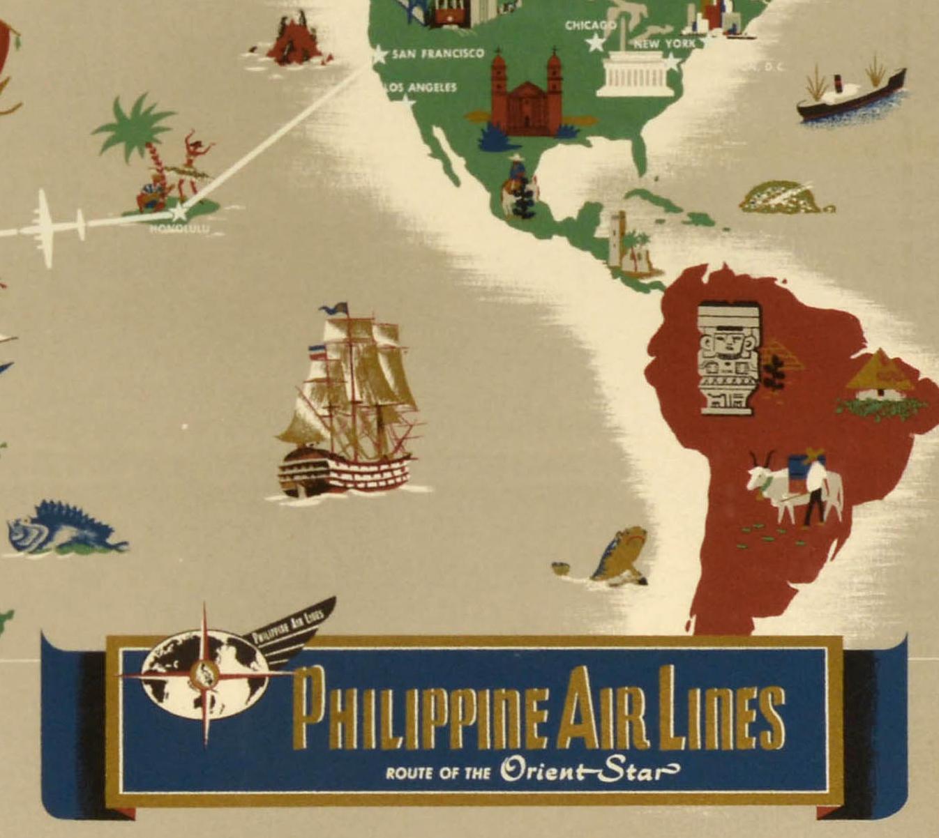 Metà XX secolo Poster di viaggio originale d'epoca Phillipine Airlines Route Of The Orient Star PAL in vendita
