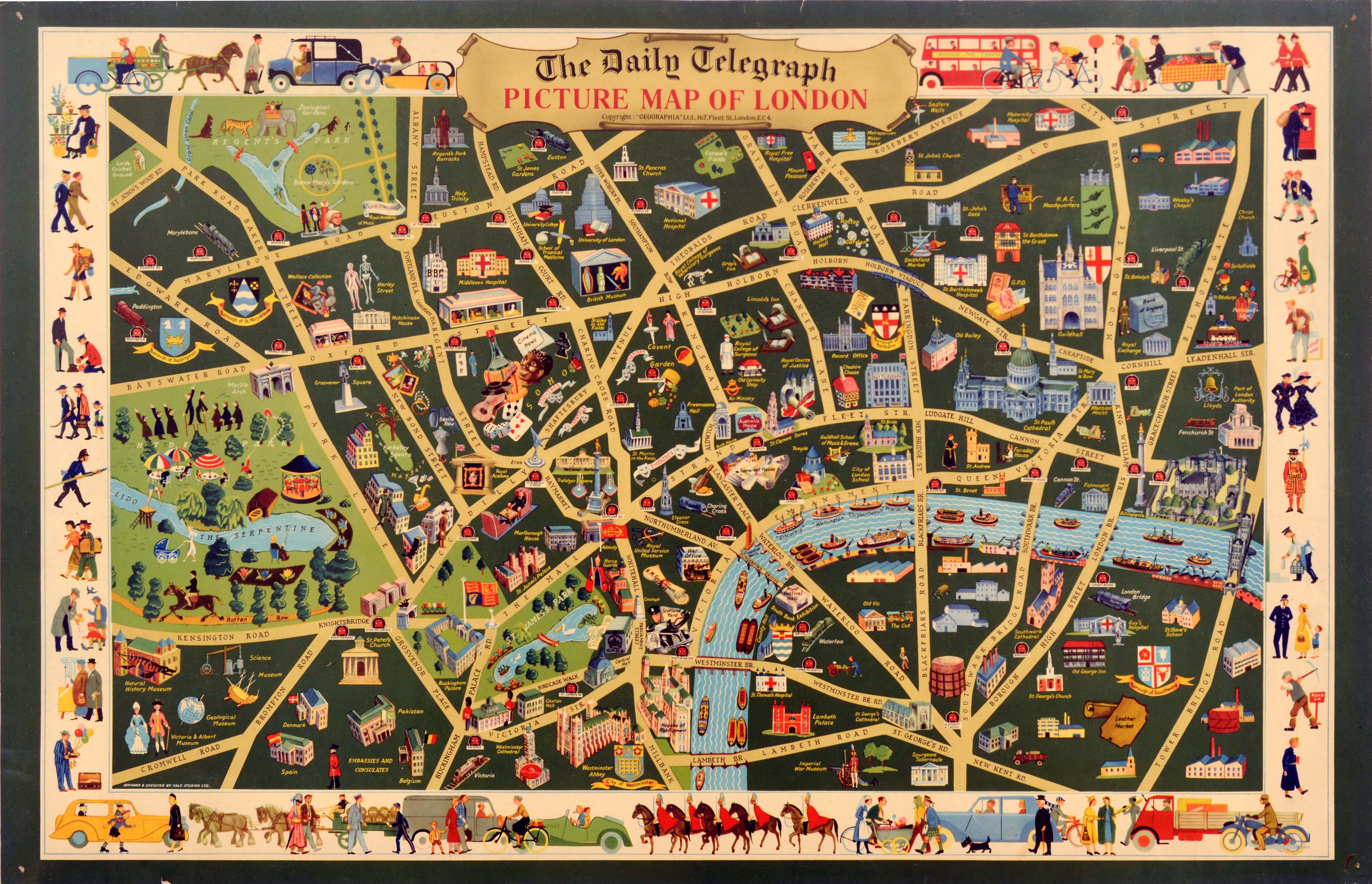 Original Vintage Travel Poster Picture Map Of London Daily Telegraph Pictorial