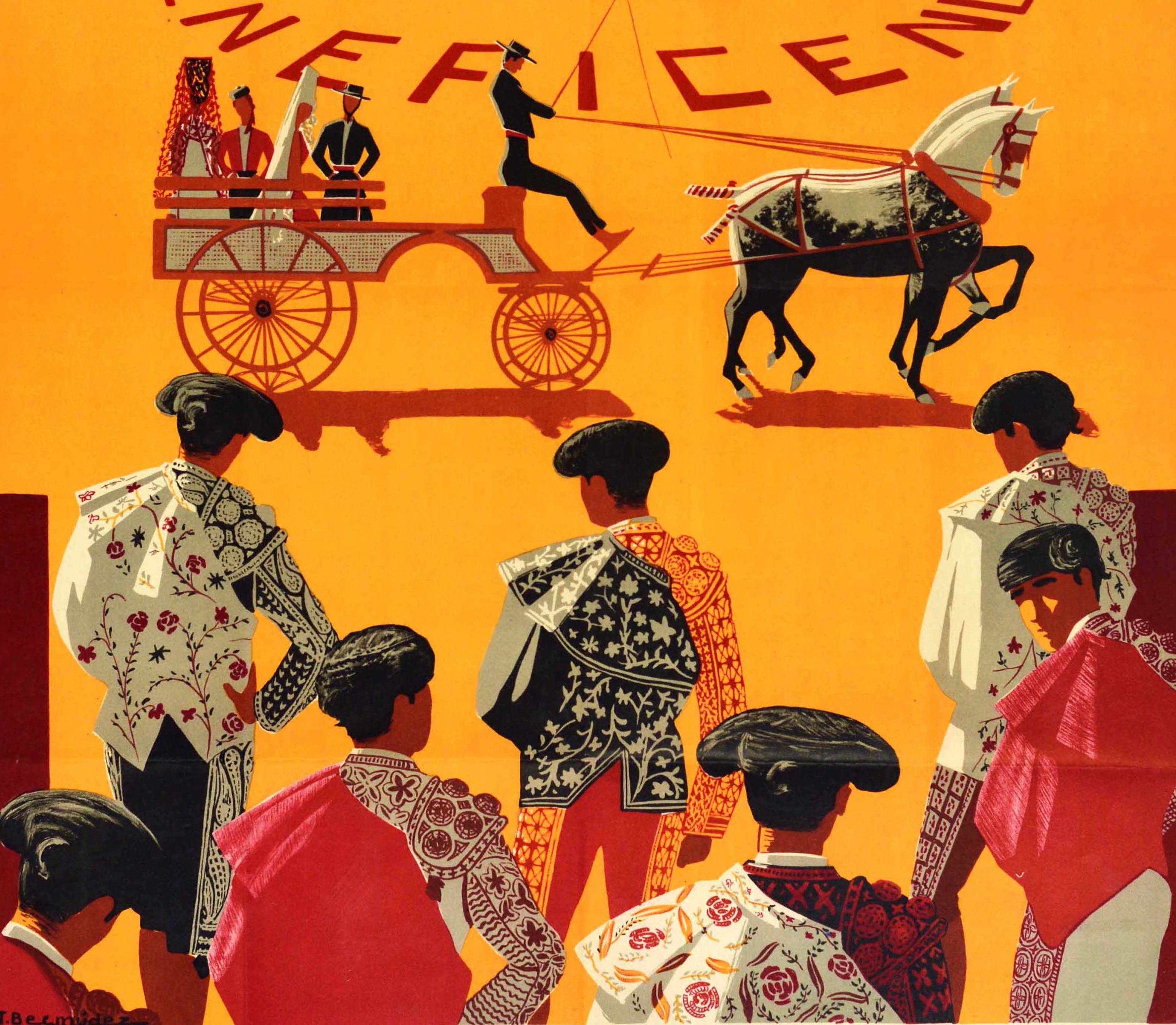 Original vintage travel poster for the Plaza de Toros Ciudad Real Corrida de Beneficencia charity bull run featuring a colourful image of matador bullfighters in ornate floral pattern costumes preparing for the show with people on horse drawn