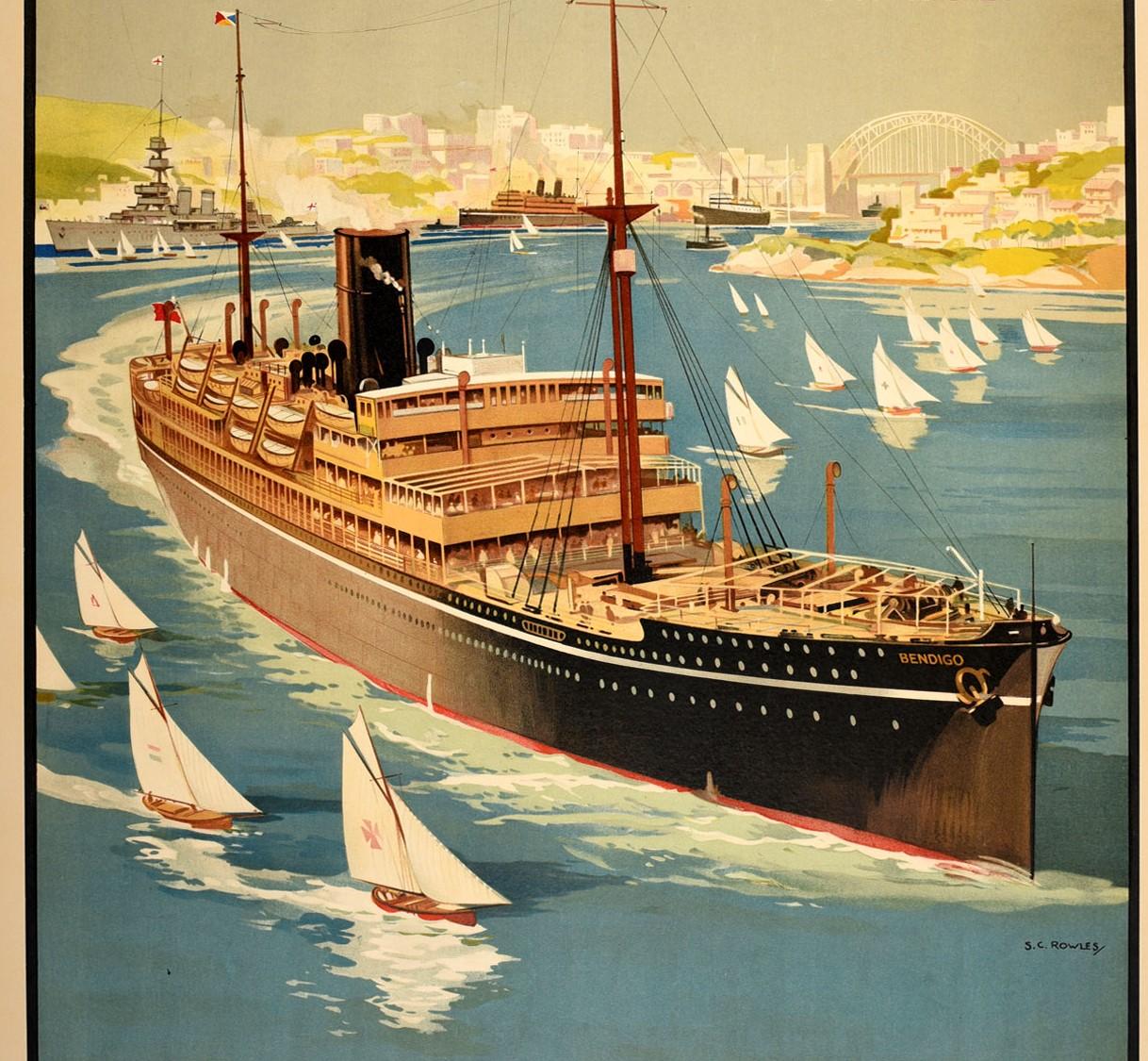 Original vintage cruise travel poster - P&O Branch Service to Australia via Malta Egypt & Ceylon (Sri Lanka) One class only Low rates Apply within - featuring a great image of the passenger liner Bendigo sailing out of Sydney Harbour surrounded by