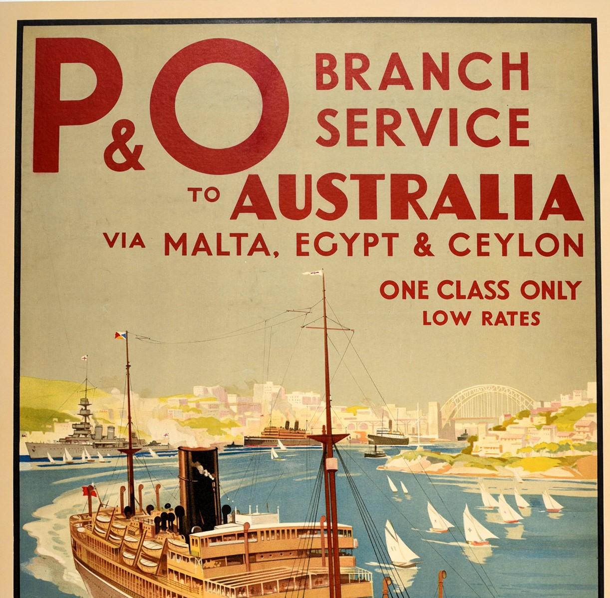 British Original Vintage Travel Poster P&O Australia Malta Egypt Ceylon Sydney Harbour