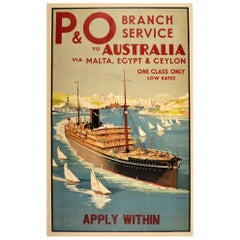 Original Vintage Travel Poster P&O Australia Malta Egypt Ceylon Sydney Harbour