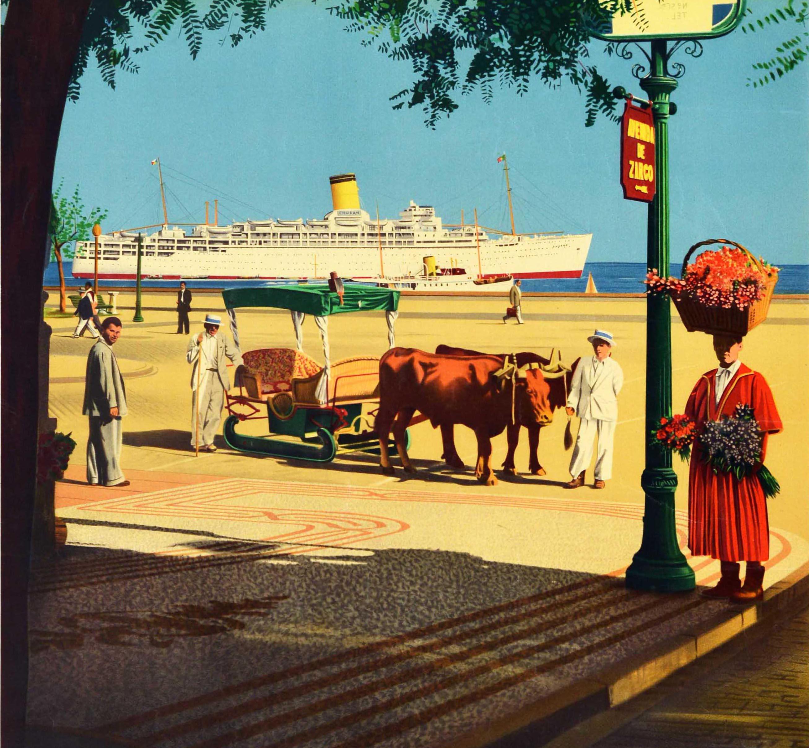 Original vintage travel poster for P&O Cruises featuring a colourful view towards an ocean liner with a smaller ship and sailing boat visible at the end of a promenade with people looking towards the viewer including two people in white suits
