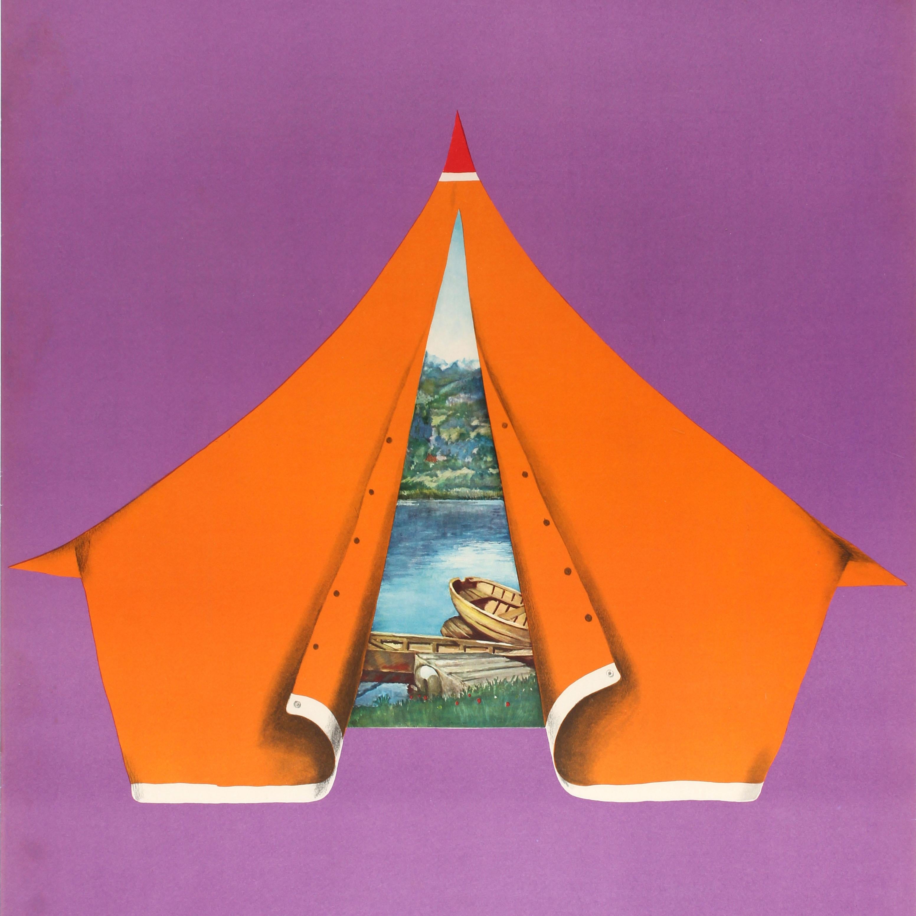 Original vintage travel poster - Poland Invites You for Camping - featuring a great design by the renowned Polish artist Maciej Urbaniec (1925-2004) showing a scenic view through an opening of an orange tent of wooden boats on a lake leading to