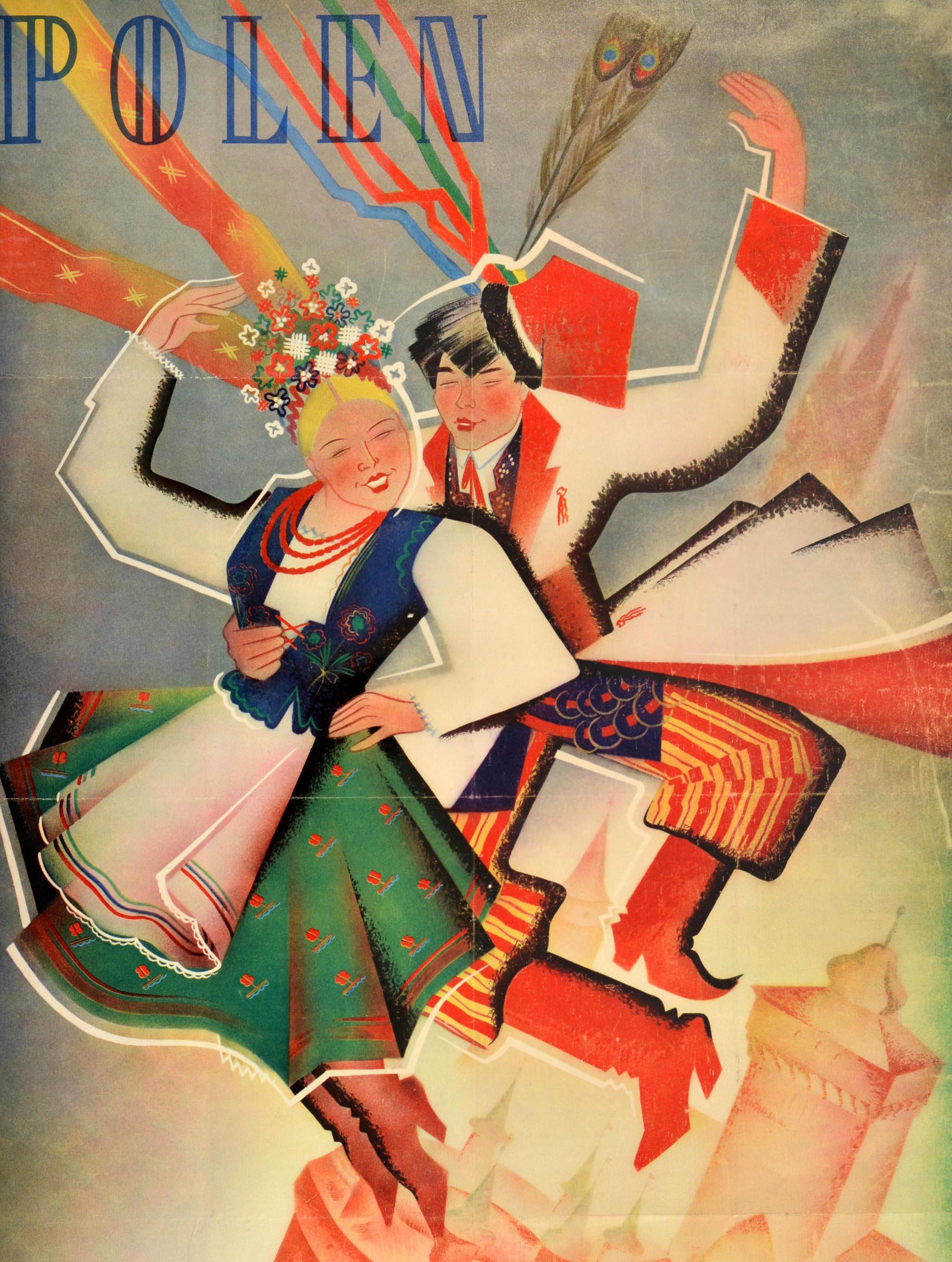Original vintage travel poster for Polen Krakausche Feestdagen / Poland Krakow Holidays 4-23 June 1938 showing a couple in traditional dress dancing with the old medieval walled town in the background, the lady wearing a colourful skirt and