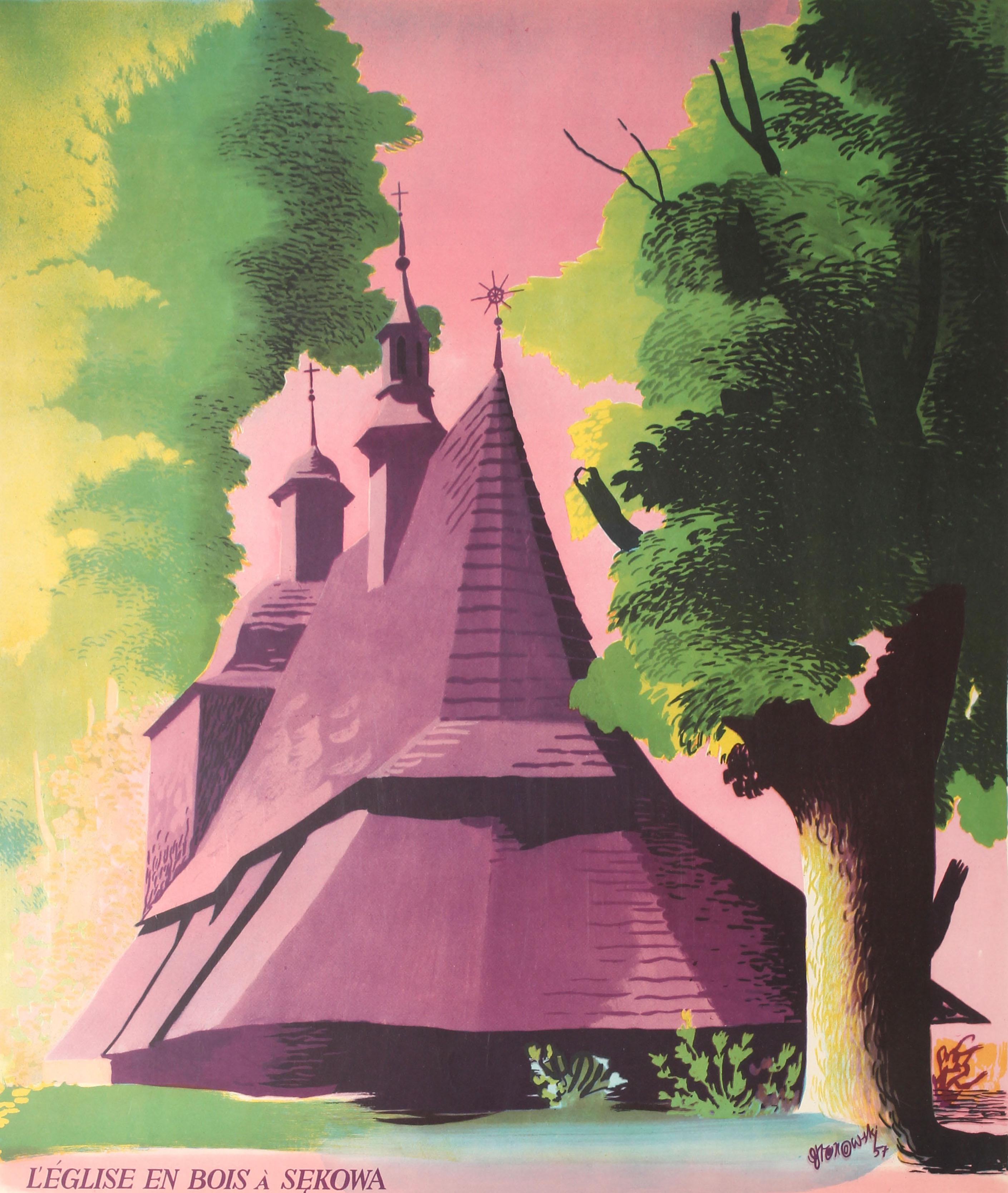 Original vintage travel poster - Visit Poland / Visitez la Pologne l'Eglise en Boise a Sekowa 1540 - featuring an illustration in pink and purple of the historic Gothic wooden church of St Philip and St James with its unique architecture of a steep