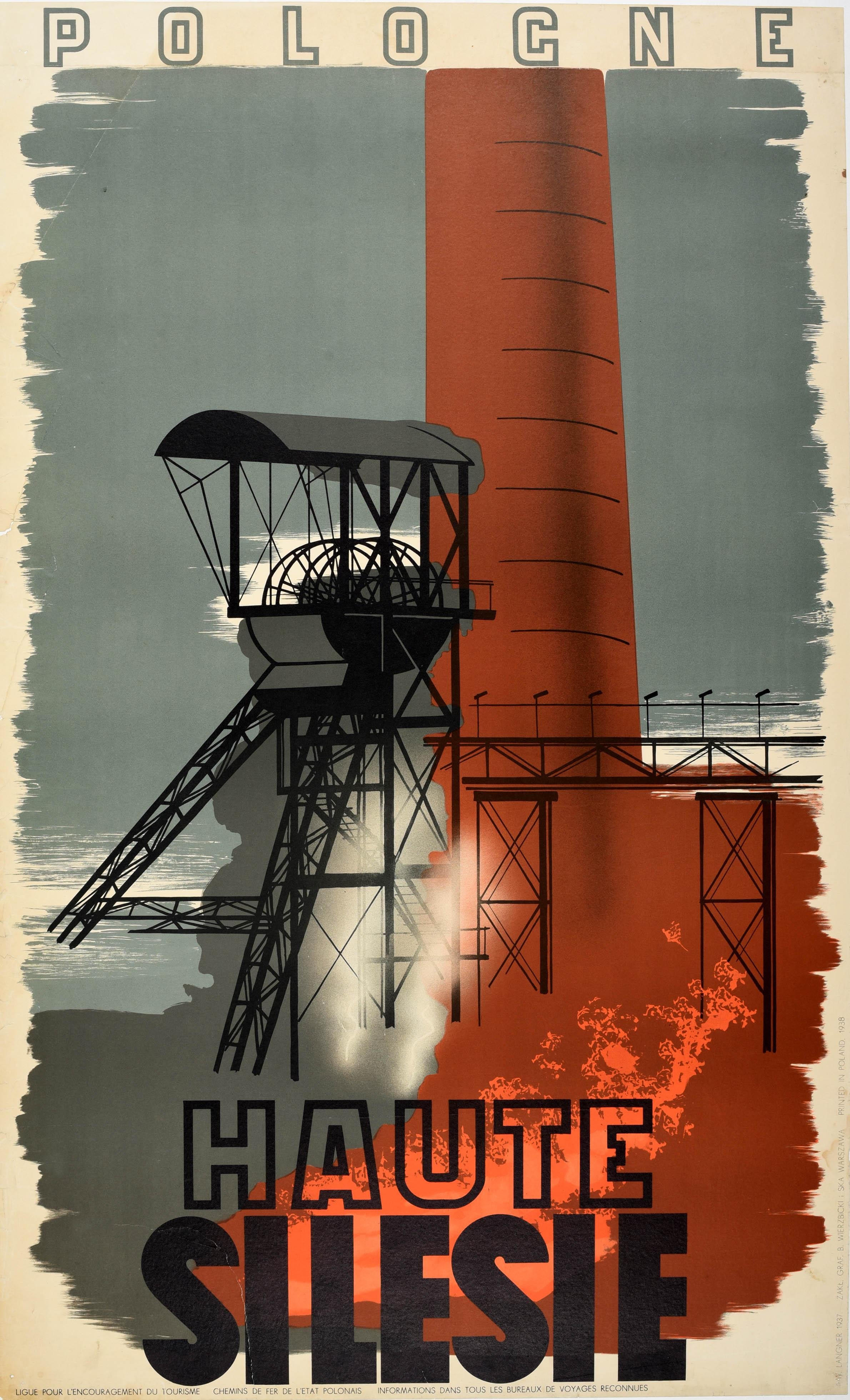 Original vintage Art Deco design travel poster for Poland Upper Silesia / Pologne Haute Silesie featuring a factory and rig with an industrial chimney on a grey background. The historic region of Upper Silesia is located mostly in Poland and crosses