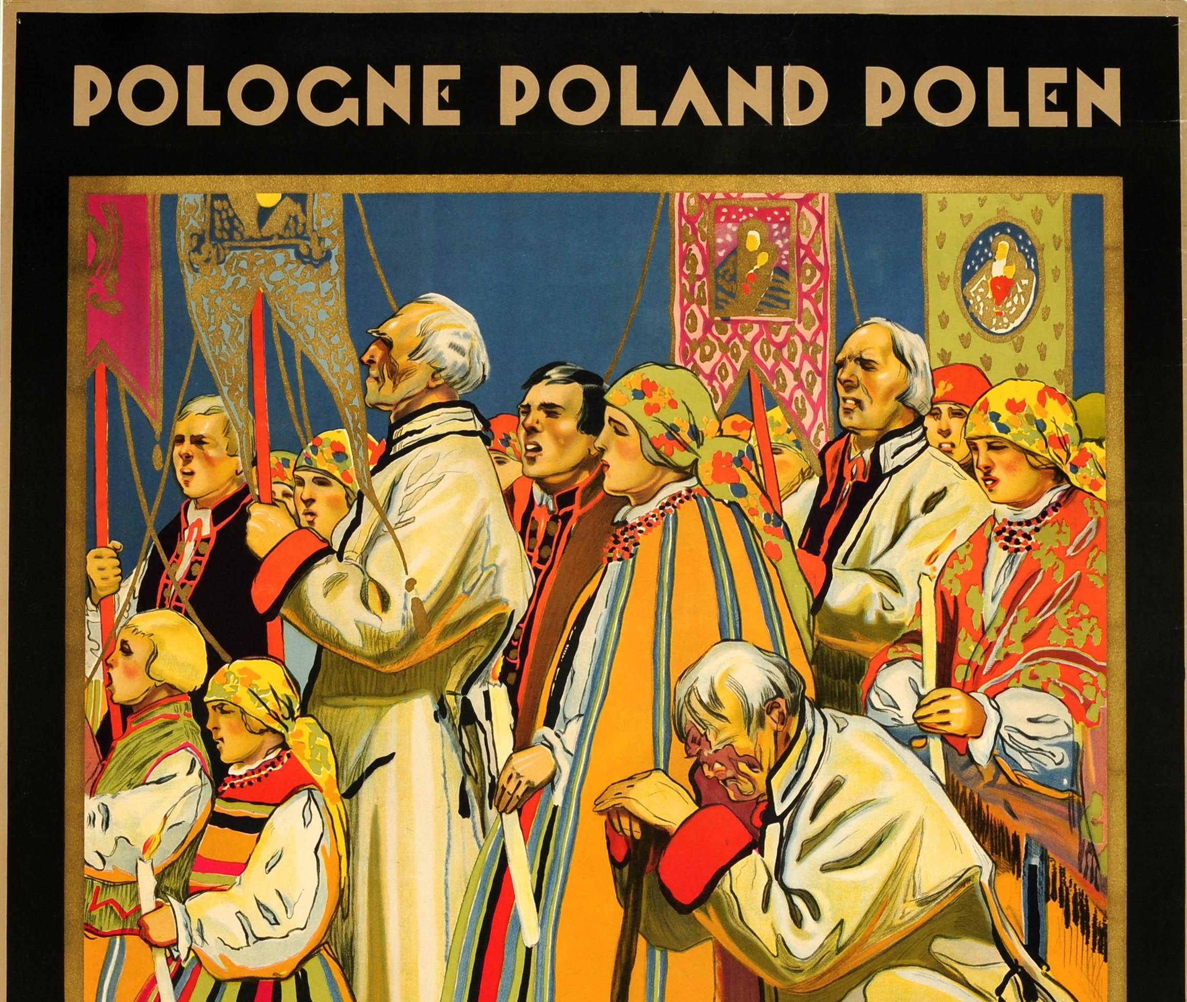 Original vintage travel poster for Polska / Poland Divine Service at Lowicz featuring a stunning design by the Polish born artist Juliusz Stefan Norblin de la Gourdaine (1892-1952) depicting a colourful image of people attending a church service in