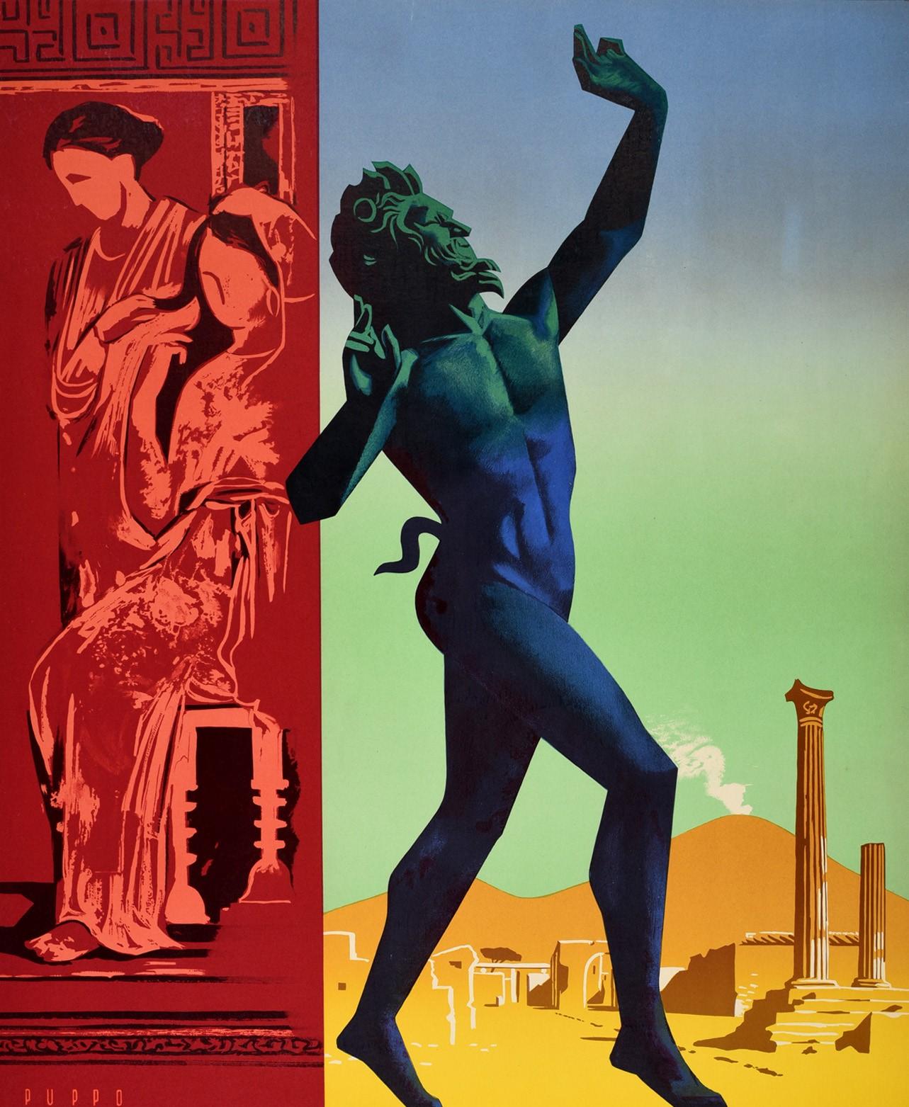 Original vintage travel poster for Pompei / Pompeii Italy featuring colourful artwork by the Italian graphic artist Mario Puppo (1913-1989) depicting the ancient horned Roman god statue preserved in the ash from the volcano in the House of the Faun