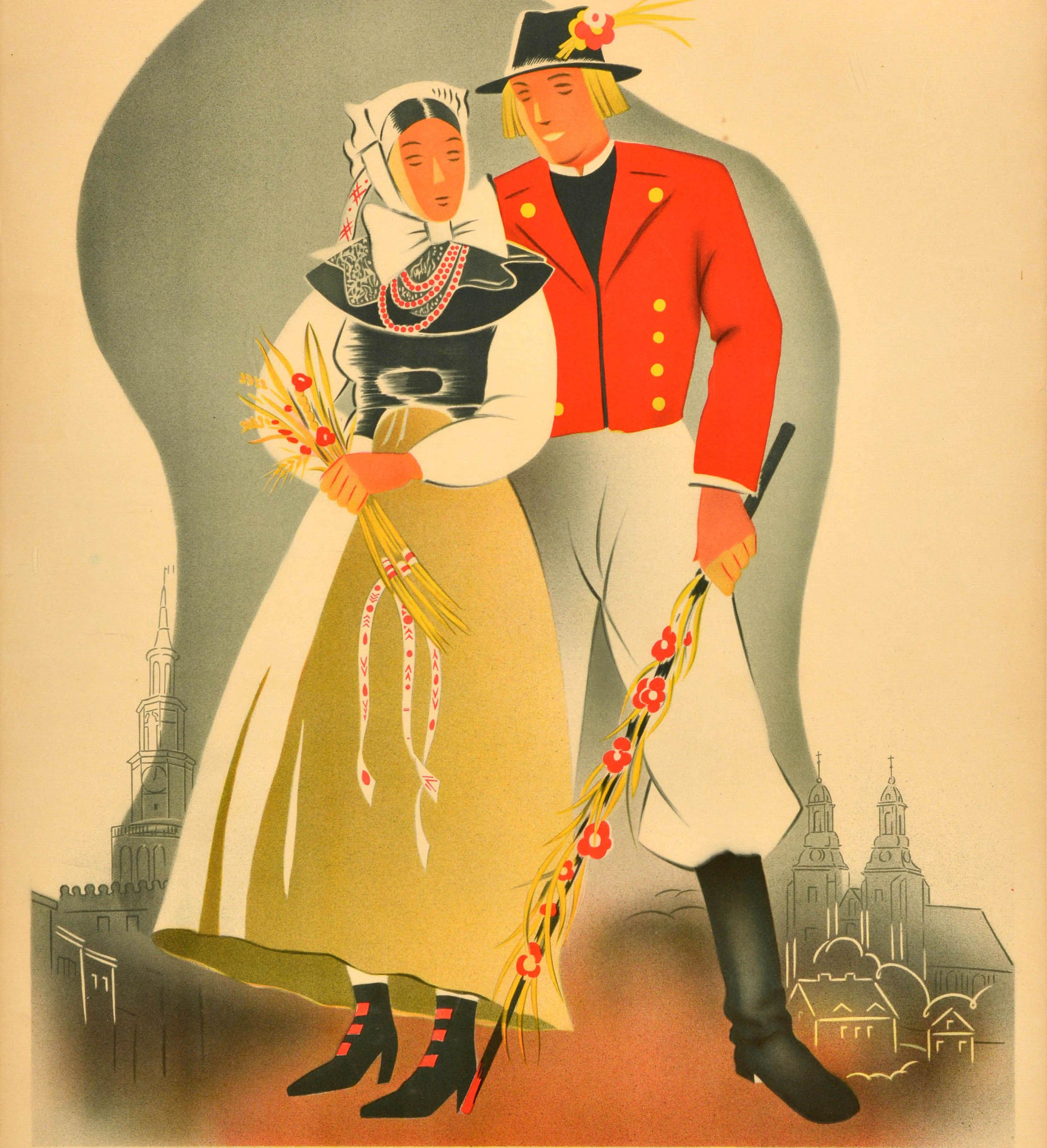 Original vintage travel poster for Pologne Poland Polen Visitez Visit Besuchet Poznan et ses Environs and Environs und Umgebung featuring a couple in traditional clothing holding flowers and wheat with an outline of the city's historical buildings