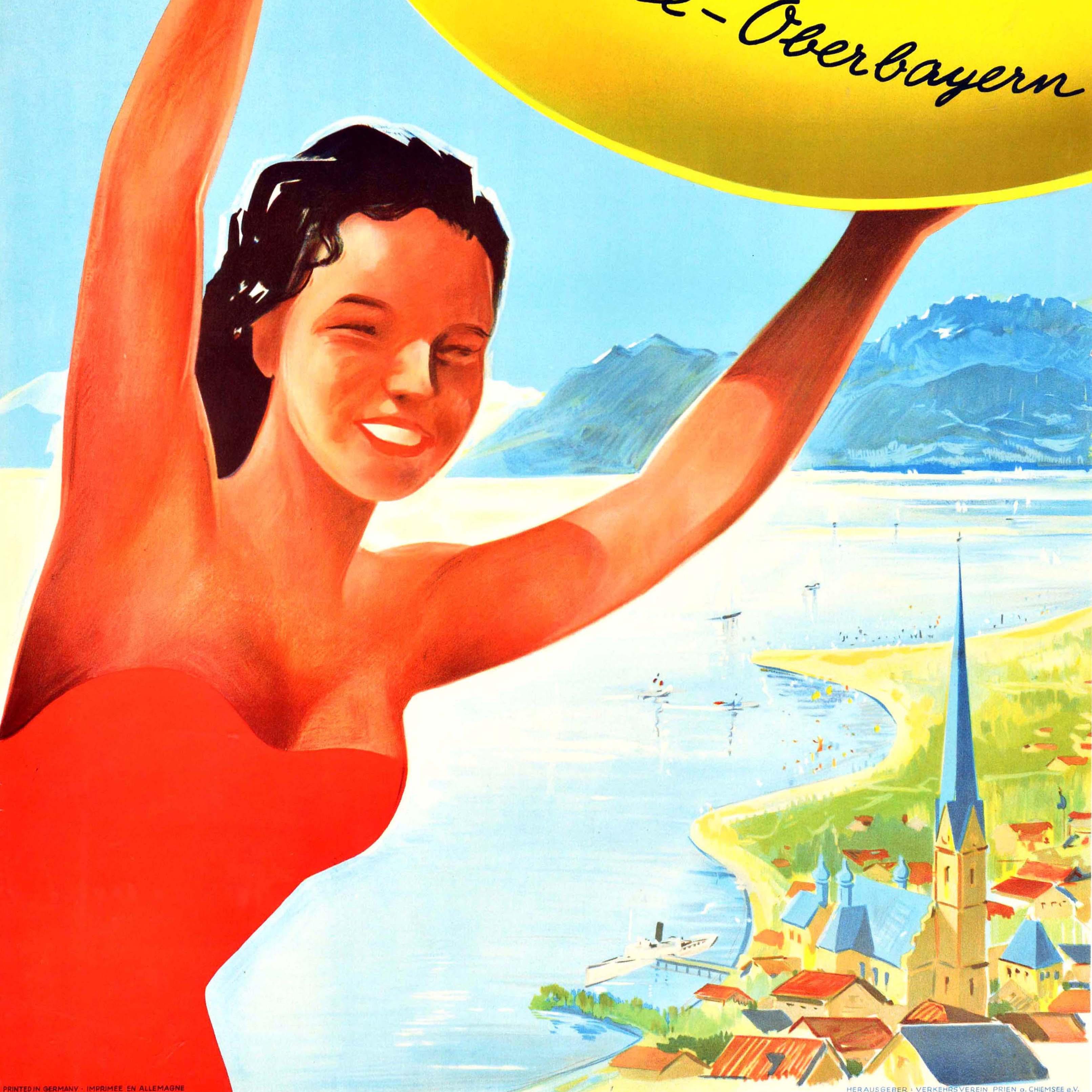 Allemand Affiche de voyage originale Prien Am Chiemsee Spa Oberbayern Bavaria Allemagne en vente