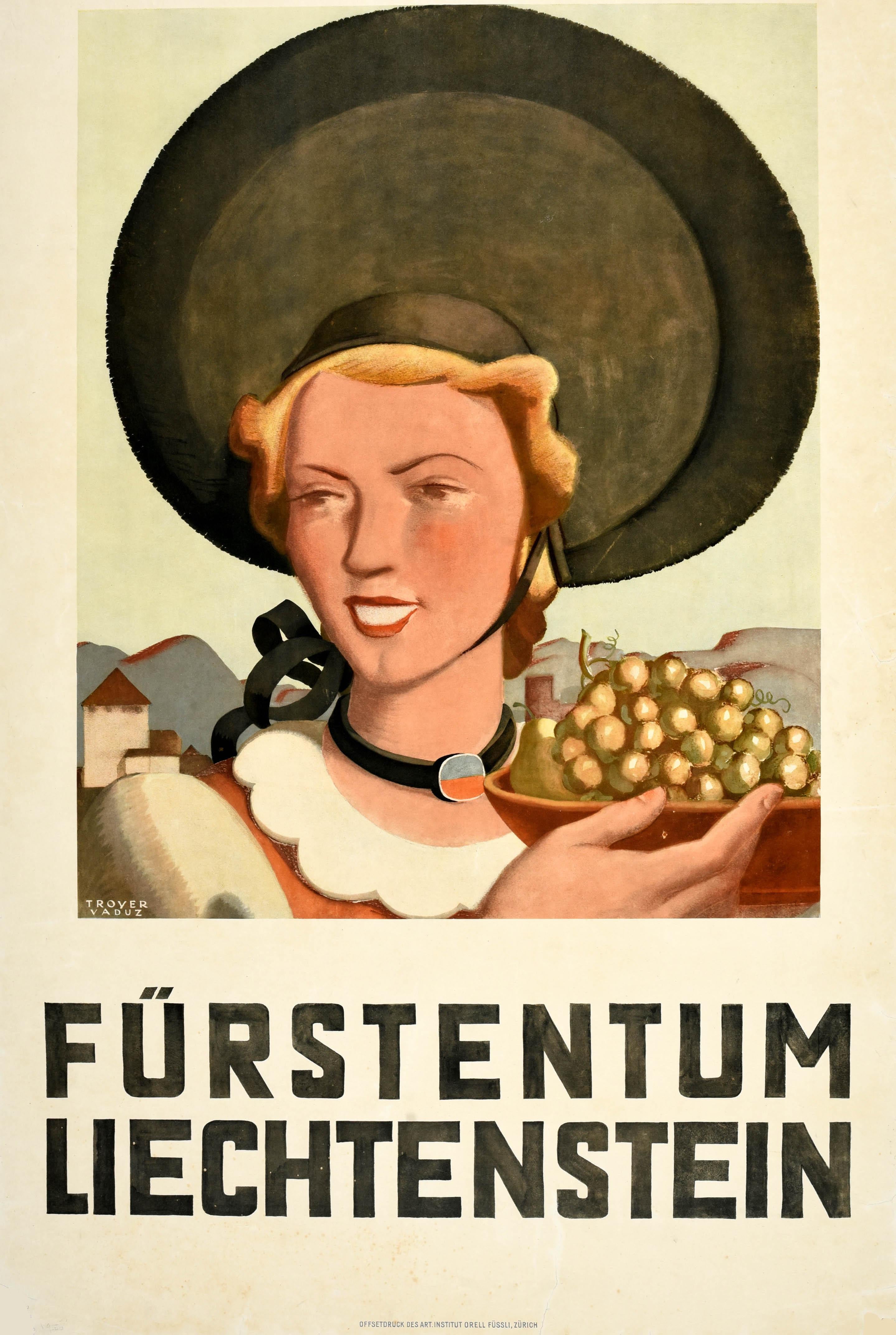 Original Vintage Travel Poster Principality Of Liechtenstein Johannes Troyer Art In Good Condition For Sale In London, GB