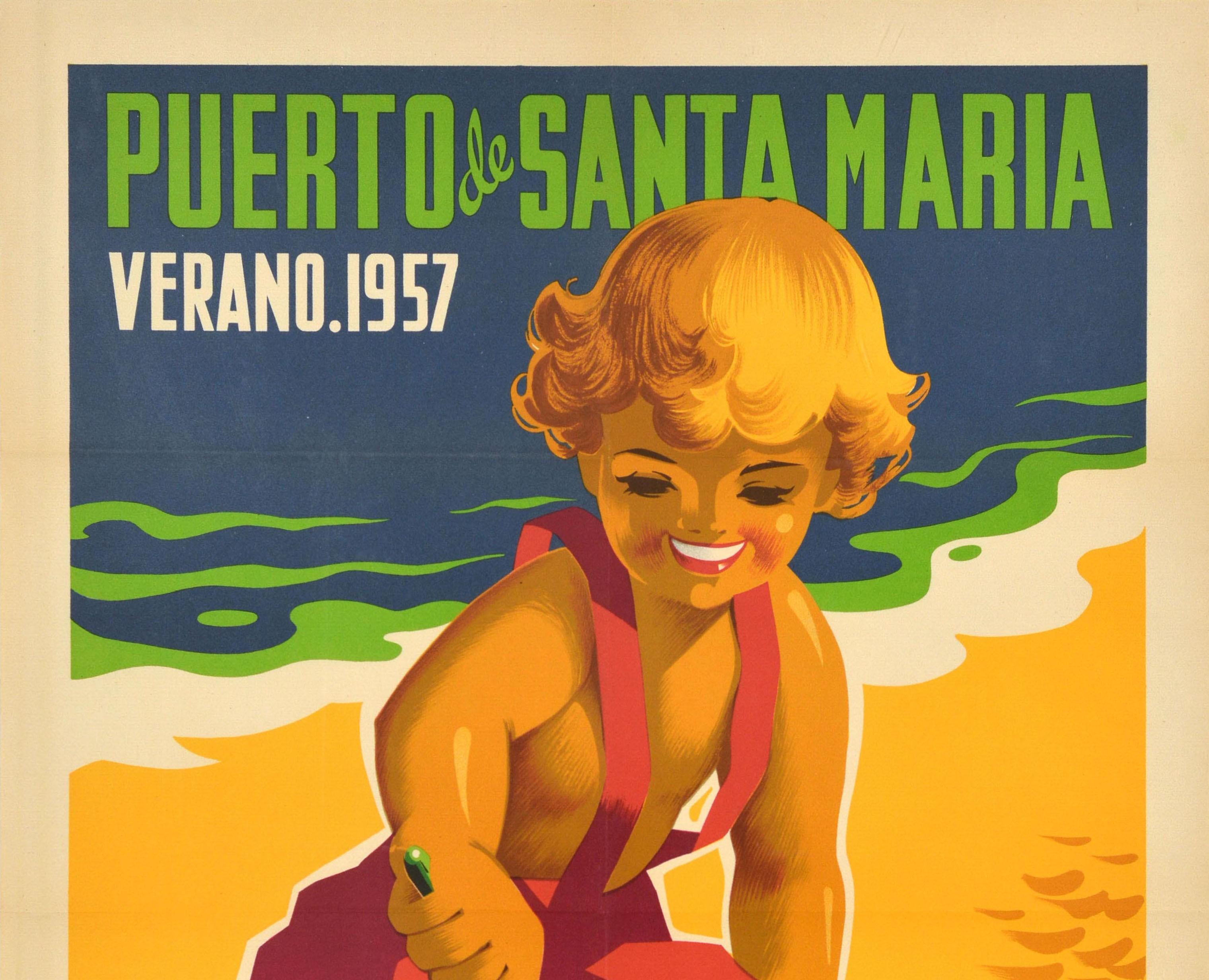 Original-Sommer-Reiseplakat, das für die Strände von Cádiz in Spanien wirbt - Puerto de Santa Maria Verano 1957 Playas de Valdelagrana La Puntilla y Fuenterrabia - mit einer großartigen Illustration eines glücklichen Ferienkindes in roter Latzhose,