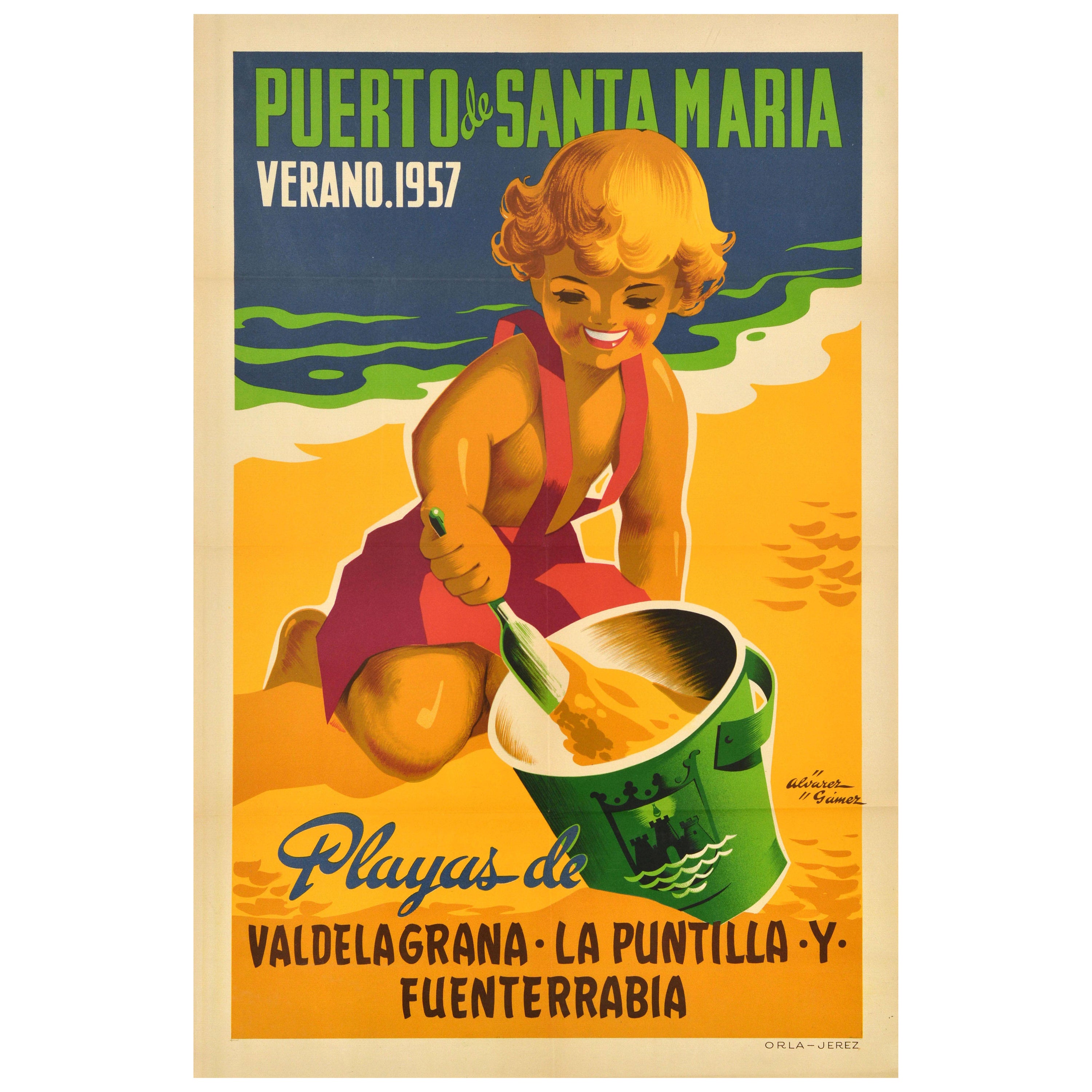 Poster di viaggio originale d'epoca Puerto De Santa Maria Spagna Stagione estiva Spiagge