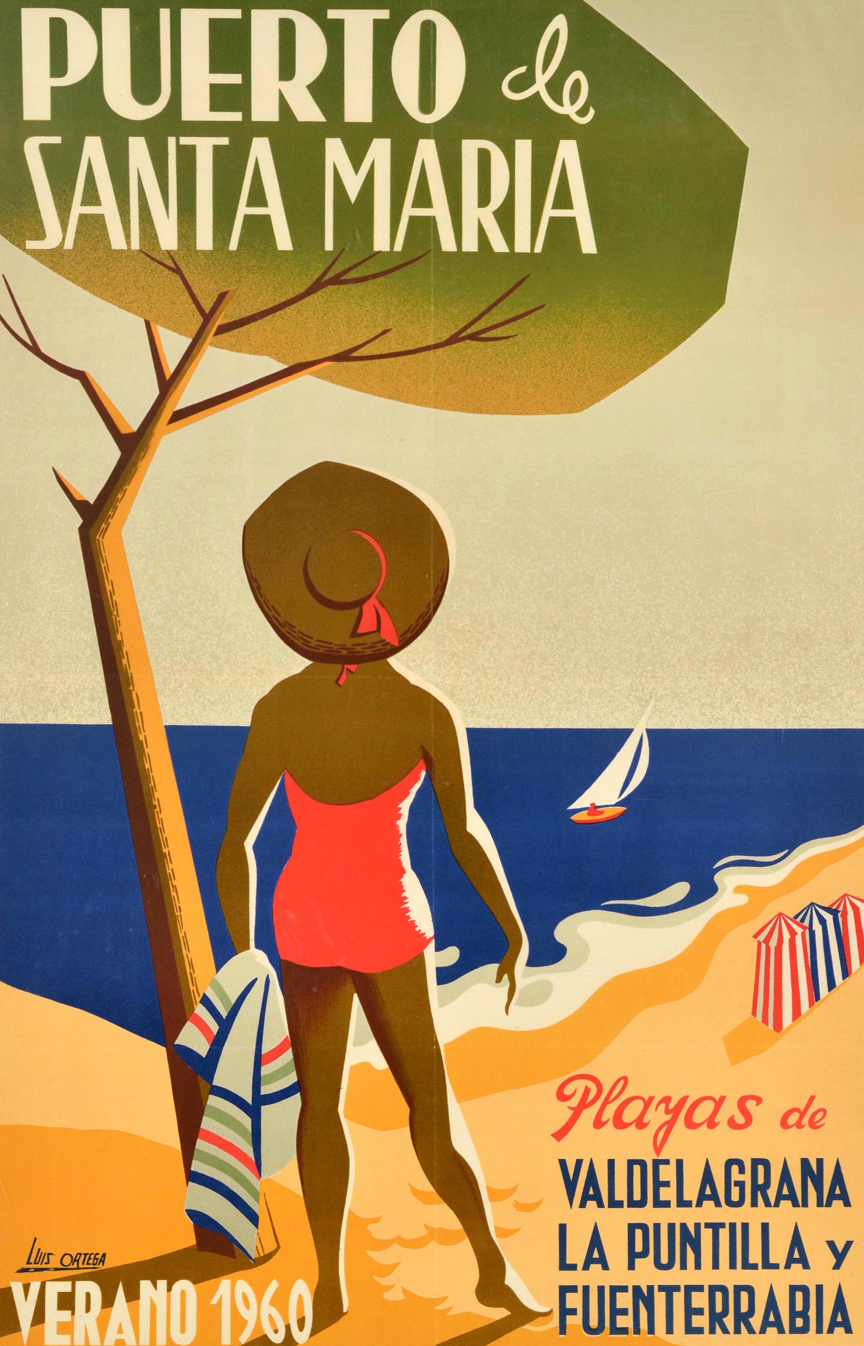 Poster di viaggio originale d'epoca che promuove le spiagge per l'estate 1960 - Puerto De Santa Maria Playas de Valdelagrana La Puntilla y Fuenterrabia Verano 1960 - con un grande disegno che raffigura una signora con un nastro nel cappello da sole
