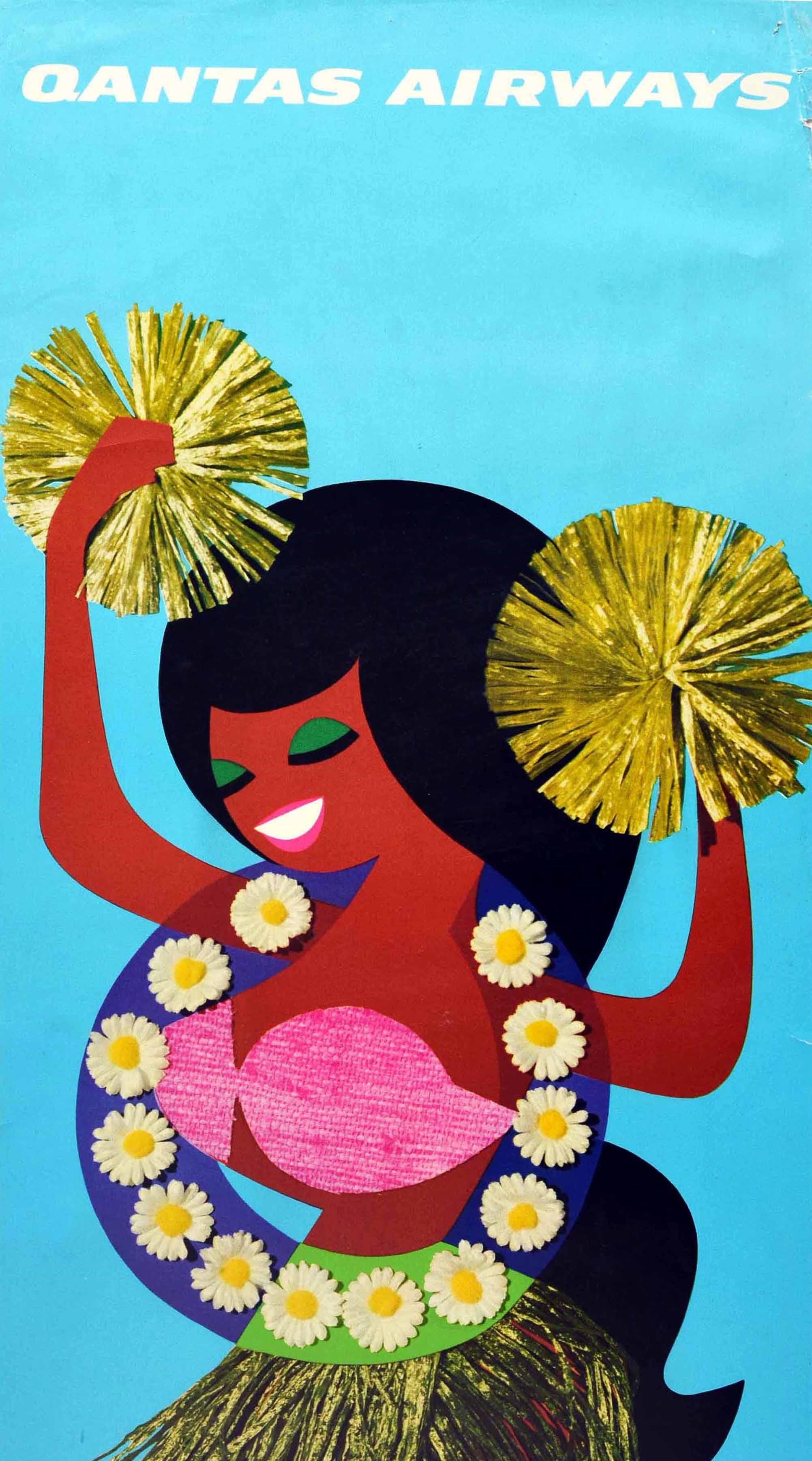 Original vintage travel poster - Qantas Airways South Pacific - featuring a colourful collage style design showing a smiling lady with long black hair wearing green eyeshadow with a traditional grass skirt and a pink bikini top, an image of daisy