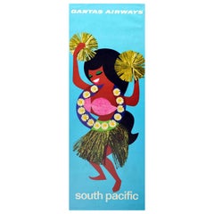 Original Vintage Travel Poster Qantas Airways South Pacific Dancer Daisy Flowers