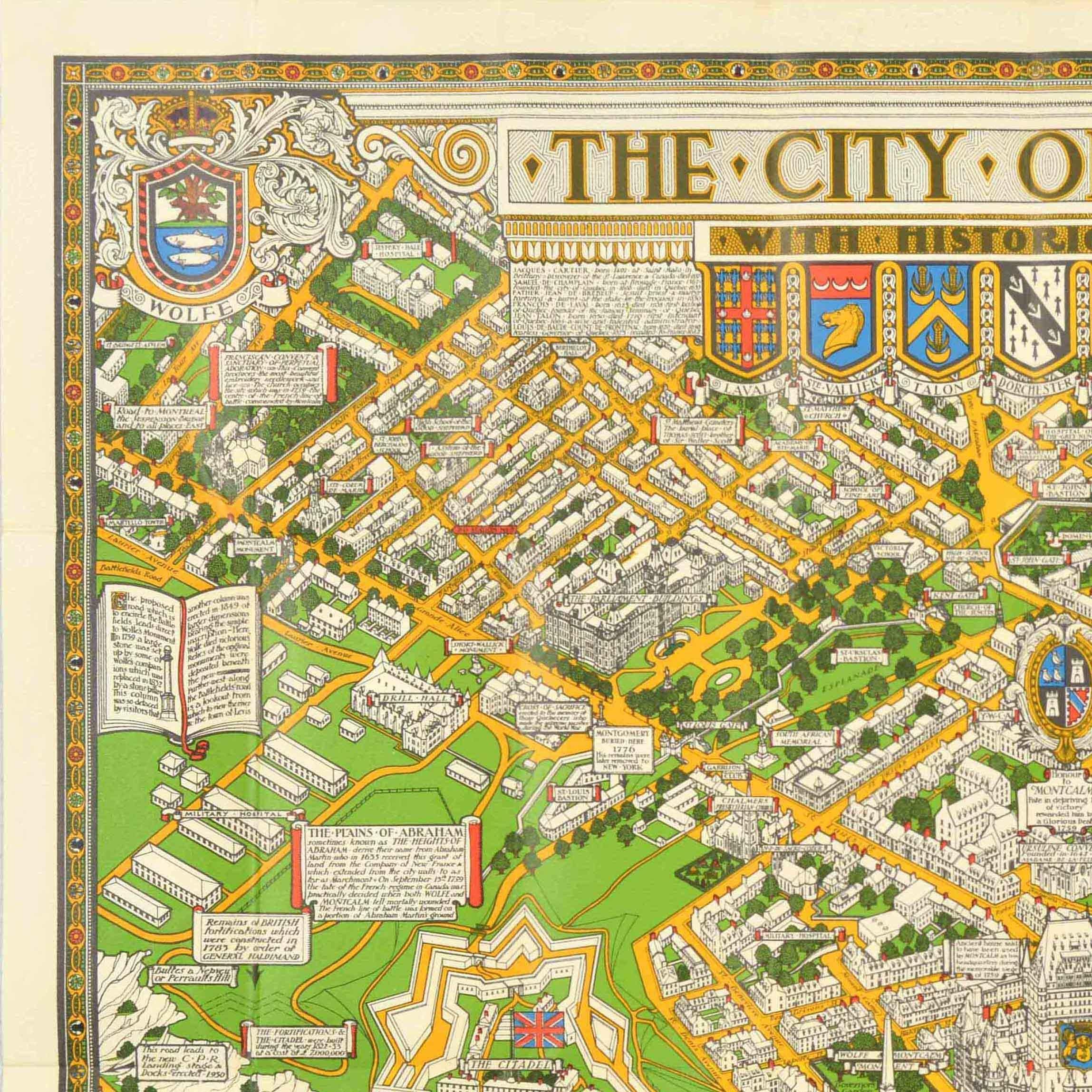 Original vintage travel map poster for The City of Quebec with historical notes drawn by S.H. Maw Toronto (Samuel Herbert Maw; 1881-1952) featuring a colourful pictorial map illustrated with coats of arms and historical buildings showing the streets