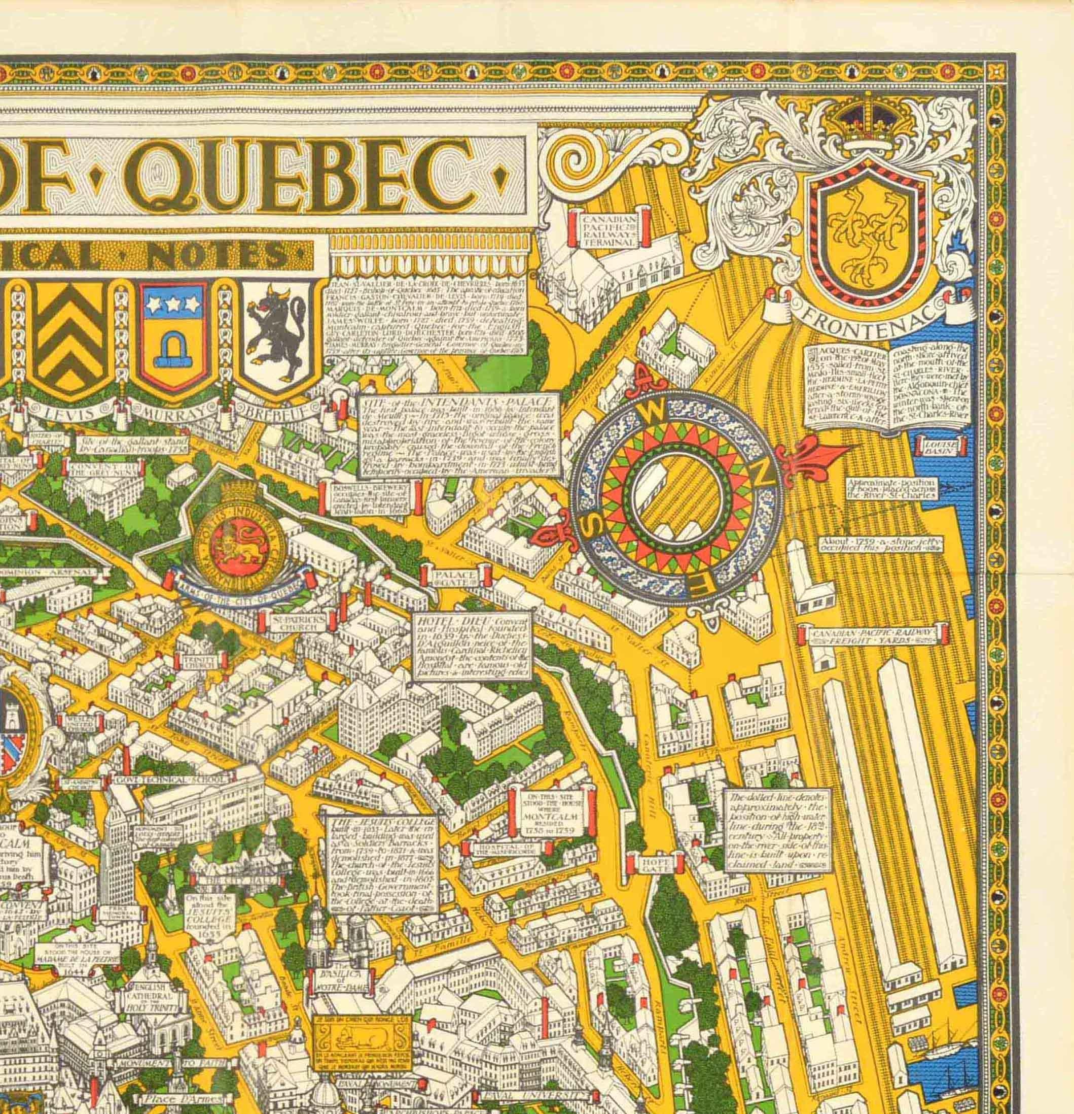 Canadese Poster di viaggio originale d'epoca Mappa del Québec con note storiche Canada Pictorial in vendita