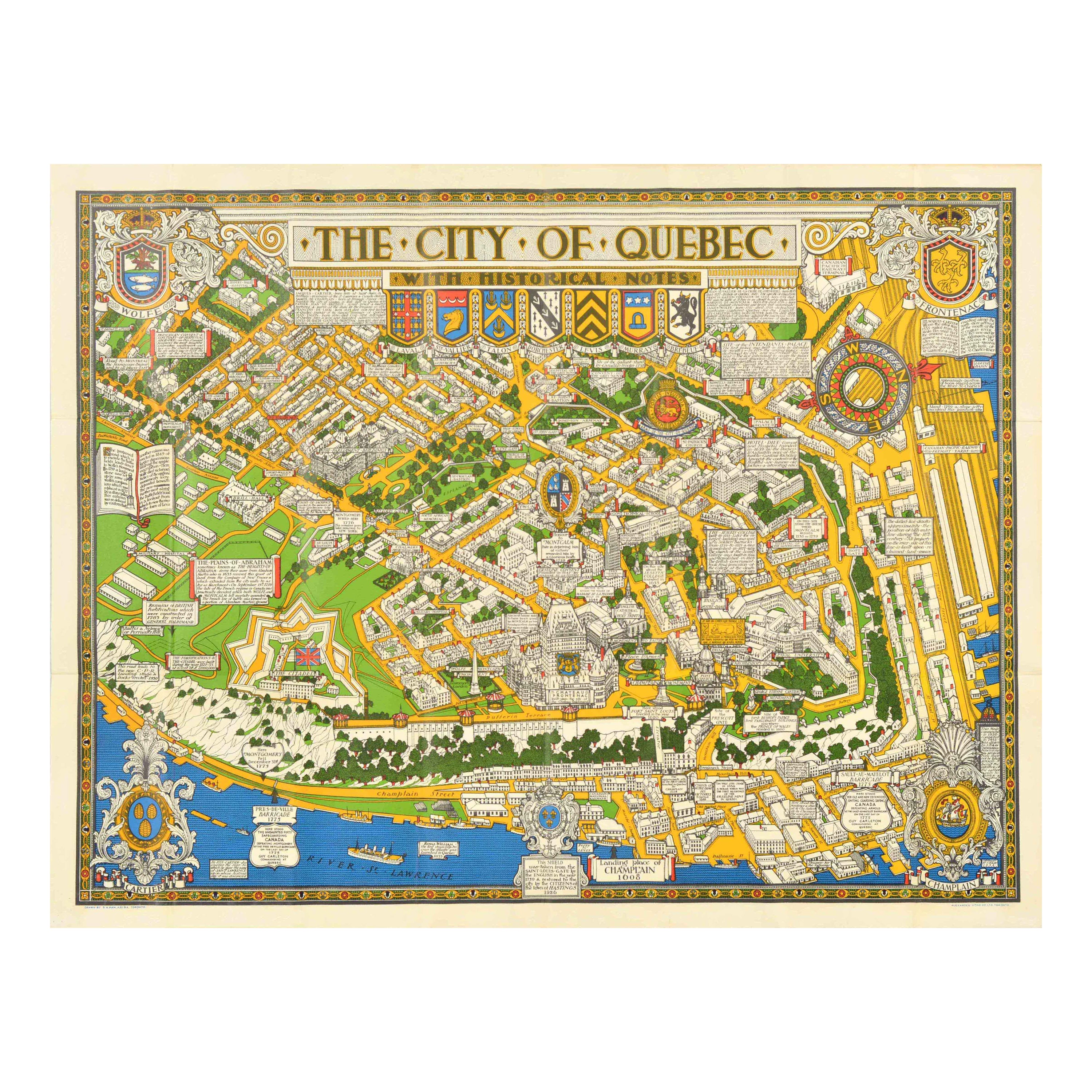 Poster di viaggio originale d'epoca Mappa del Québec con note storiche Canada Pictorial in vendita