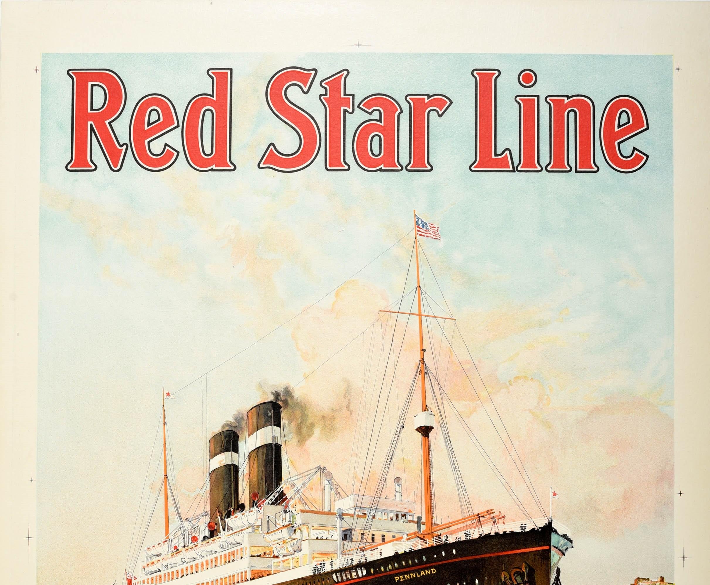 Original vintage travel advertising poster for Red Star Line featuring stunning artwork by Charles Edward Dixon (1872-1934) of the SS Pennland cruise ship sailing in front of white cliffs with sailing boats by the coast and a tug boat named
