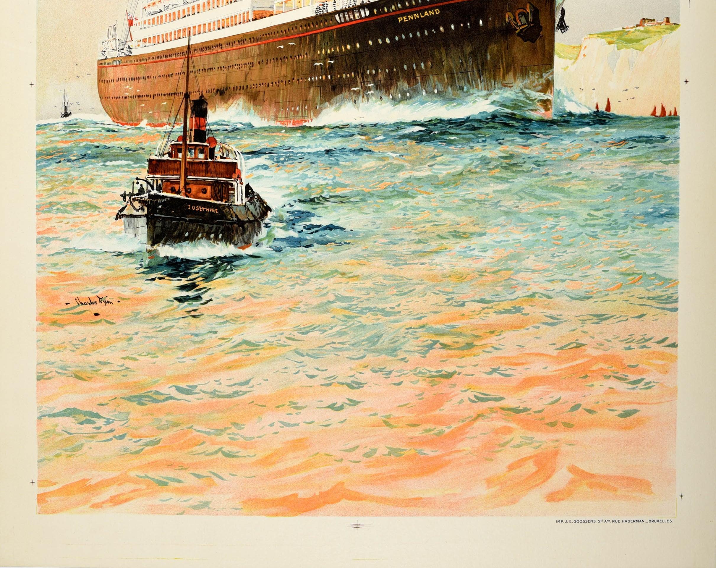 Belga Poster di viaggio originale d'epoca Red Star Line Pennland Ocean Liner Cruise Ship in vendita