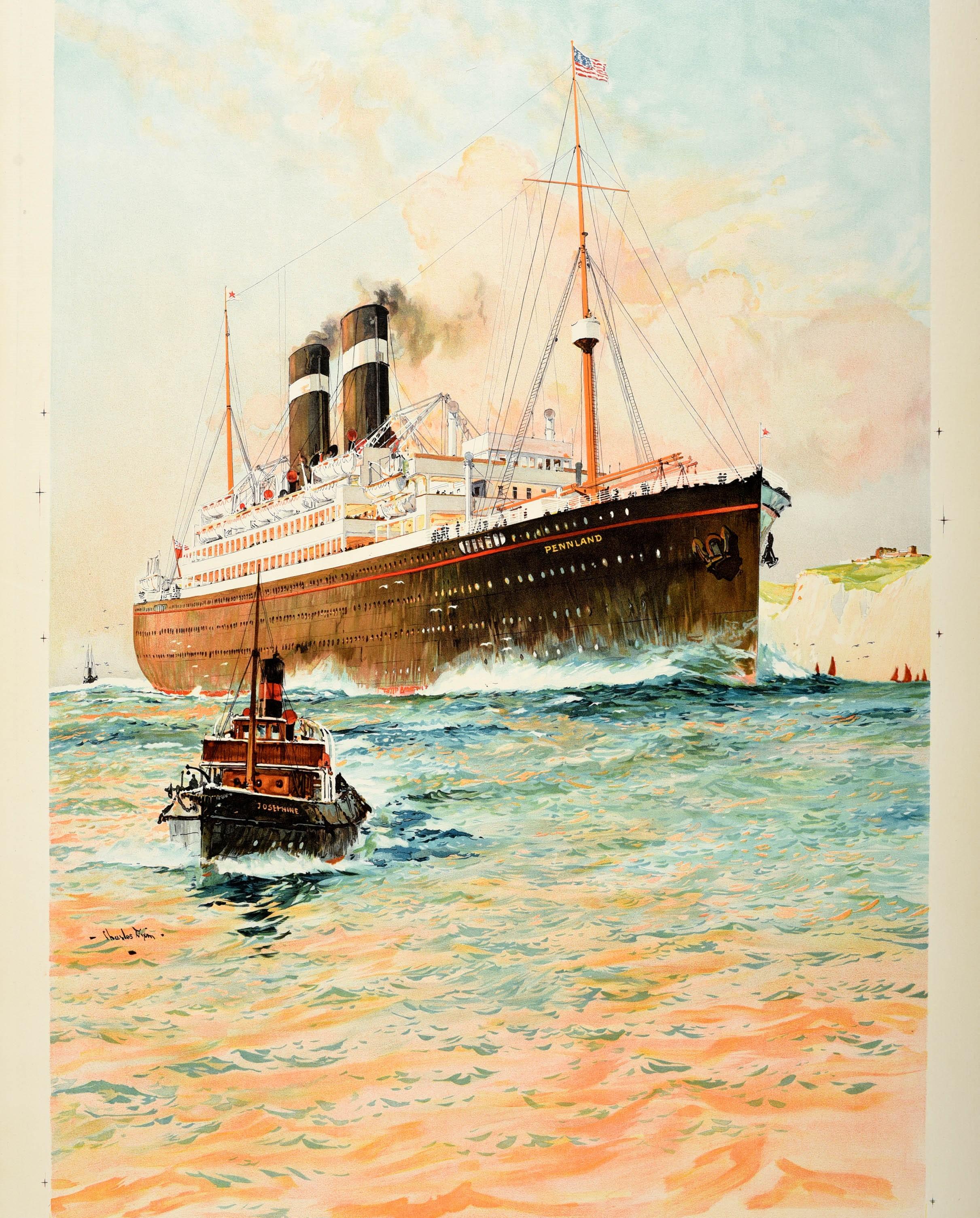 Belge Affiche rétro originale de voyage, Red Star Line, Pennland Ocean Liner Cruise Ship en vente