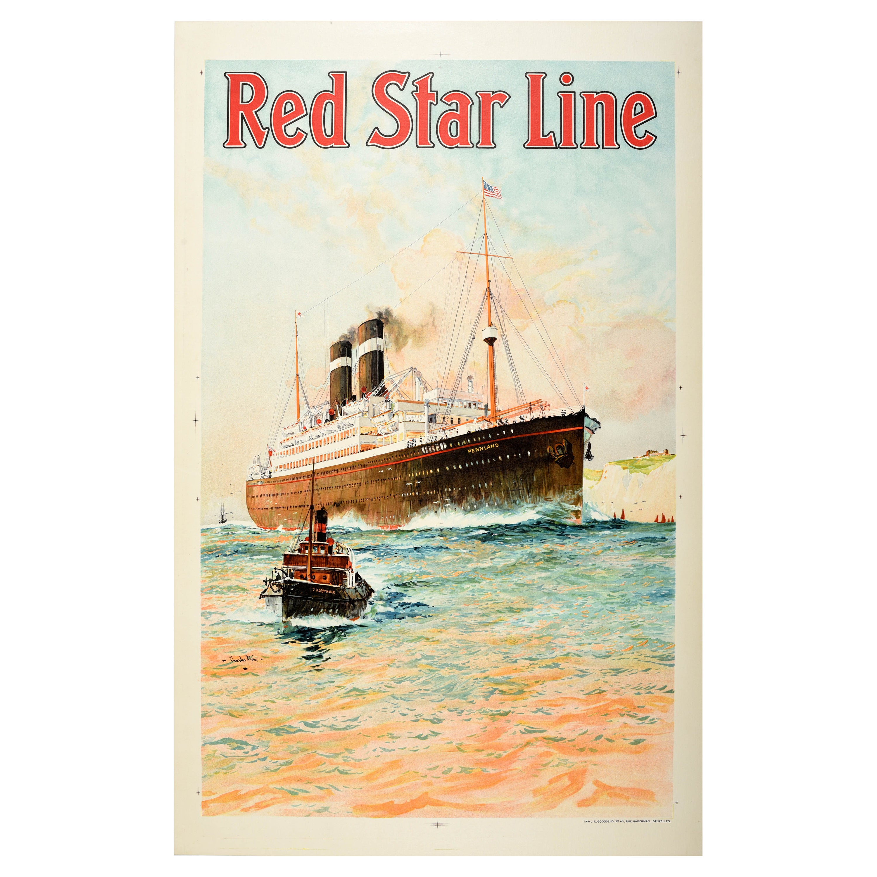 Original Vintage Travel Poster Red Star Line Pennland Ocean Liner Cruise Ship