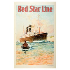 Original Vintage Travel Poster Red Star Line Pennland Ocean Liner Cruise Ship