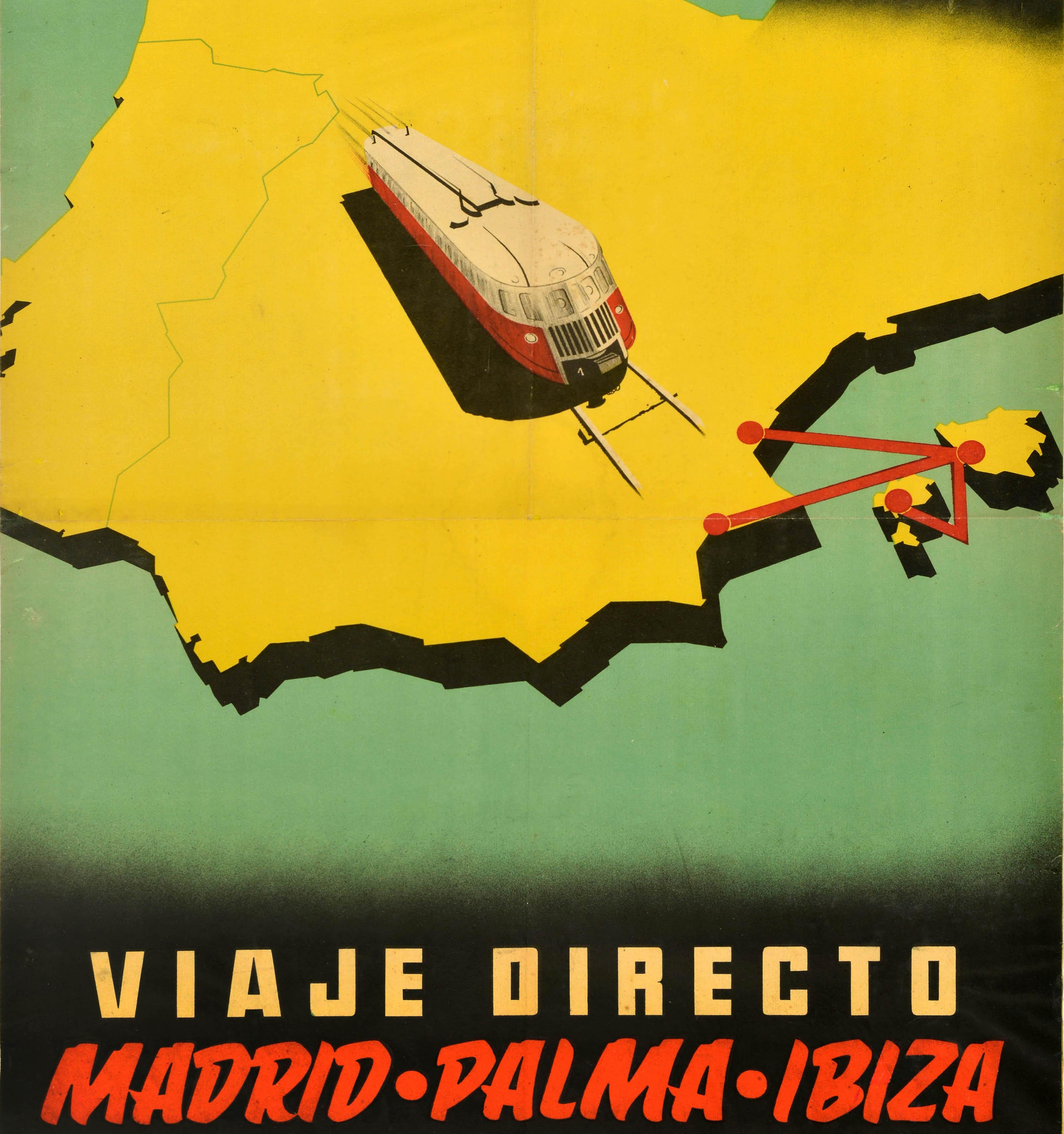 Poster di viaggio originale d'epoca emesso dalla compagnia ferroviaria statale spagnola Renfe per promuovere i viaggi diretti a Madrid Palma e Ibiza via Valencia e Alicante - Renfe viaje directo Madrid Palma Ibiza por Valencia y Alicante - con un
