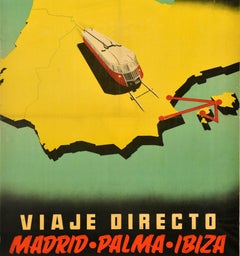 Original Vintage Travel Poster Renfe Madrid Palma Ibiza Valencia Alicante Spain