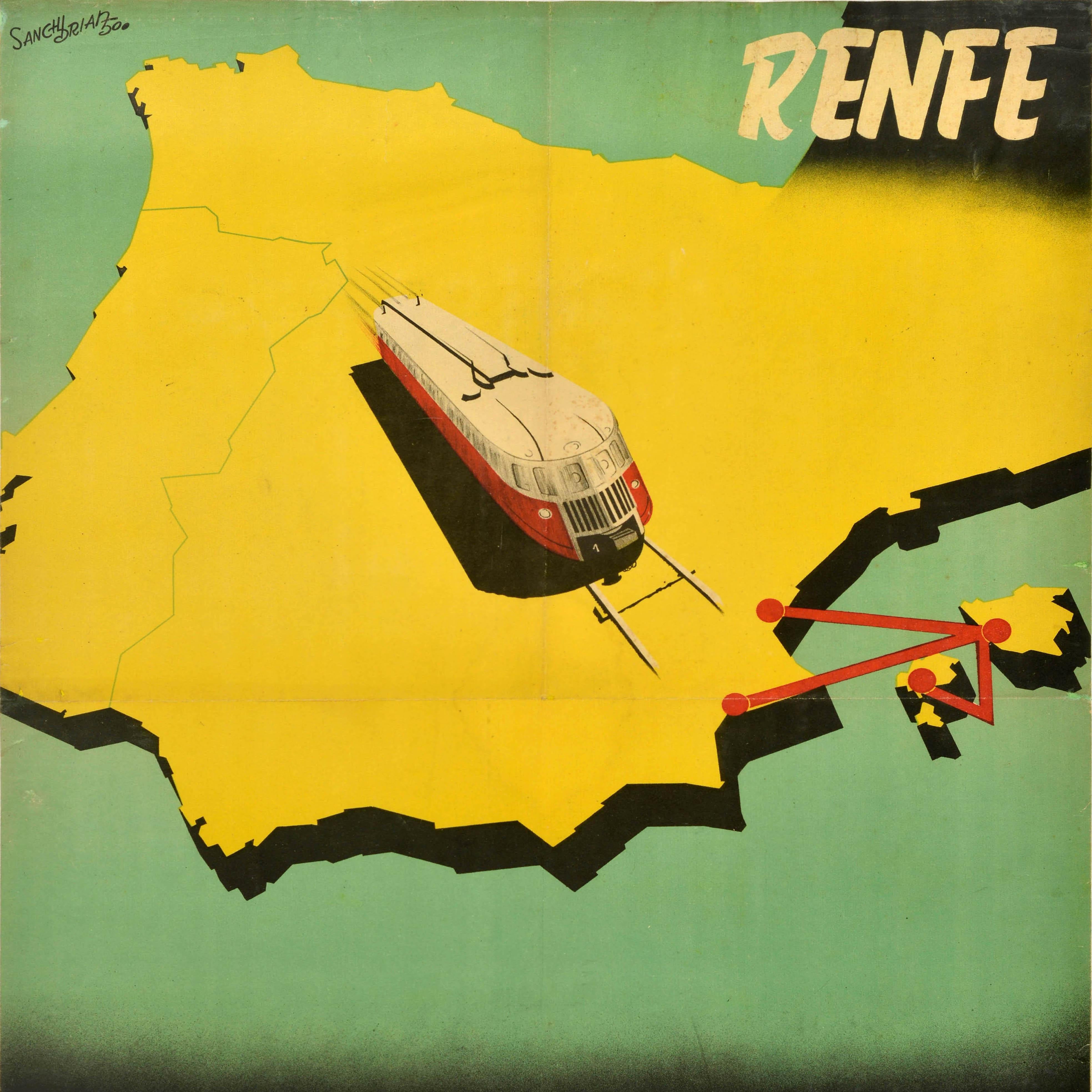 Spagnolo Poster di viaggio originale d'epoca Renfe Madrid Palma Ibiza Valencia Alicante Spagna in vendita