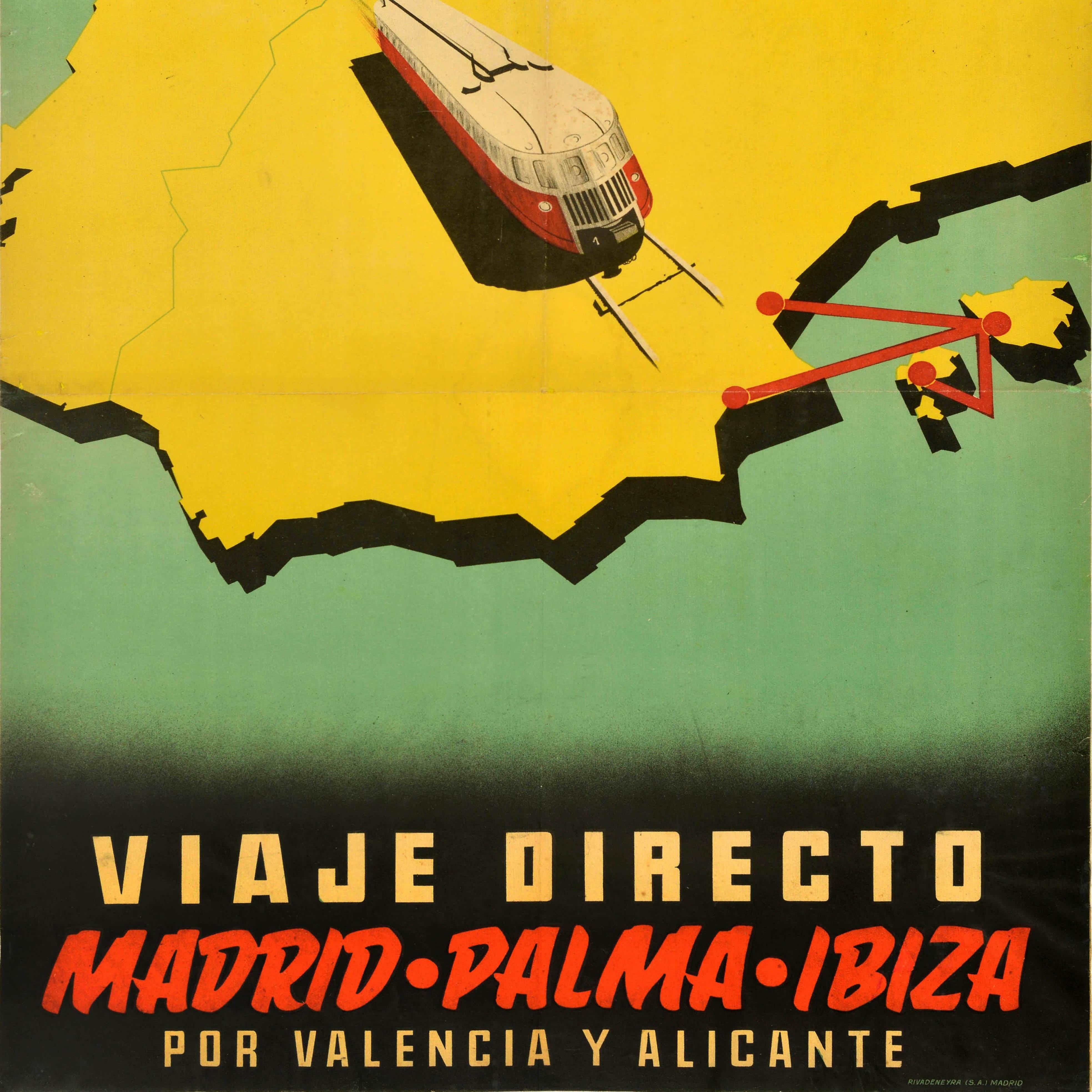 Poster di viaggio originale d'epoca Renfe Madrid Palma Ibiza Valencia Alicante Spagna In condizioni discrete in vendita a London, GB