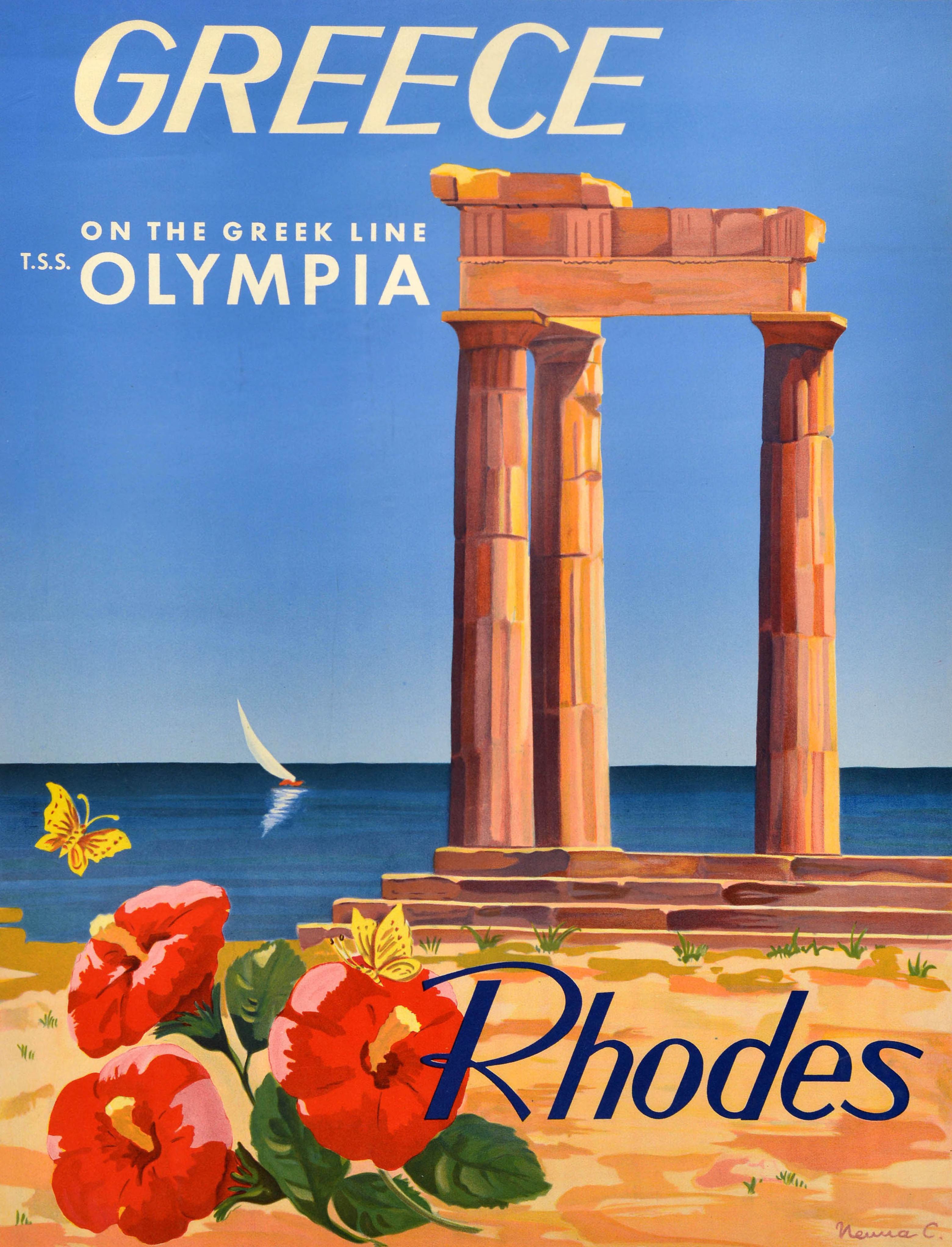 Affiche de voyage originale - Greece on the Greek Line T.S.S Olympia Rhodes Acropolis of Lindos - avec un dessin coloré représentant les ruines des piliers de l'ancien site archéologique du village de pêcheurs de Lindos sur l'île méditerranéenne de
