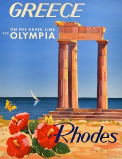 Original Vintage Travel Poster Rhodes Greece Acropolis Of Lindos TSS Olympia