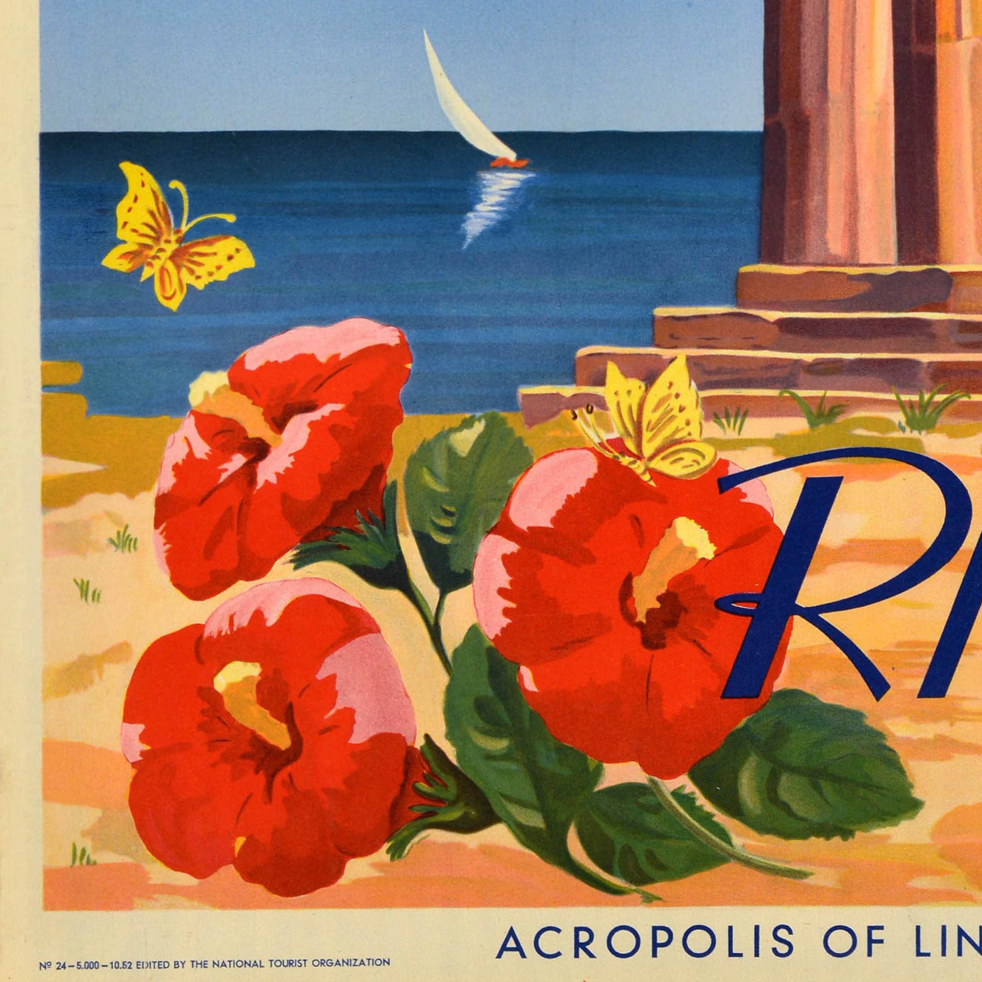 Milieu du XXe siècle Affiche de voyage originale du Rhodes, Grèce, Acropolis de Lindos, TSS Olympia en vente