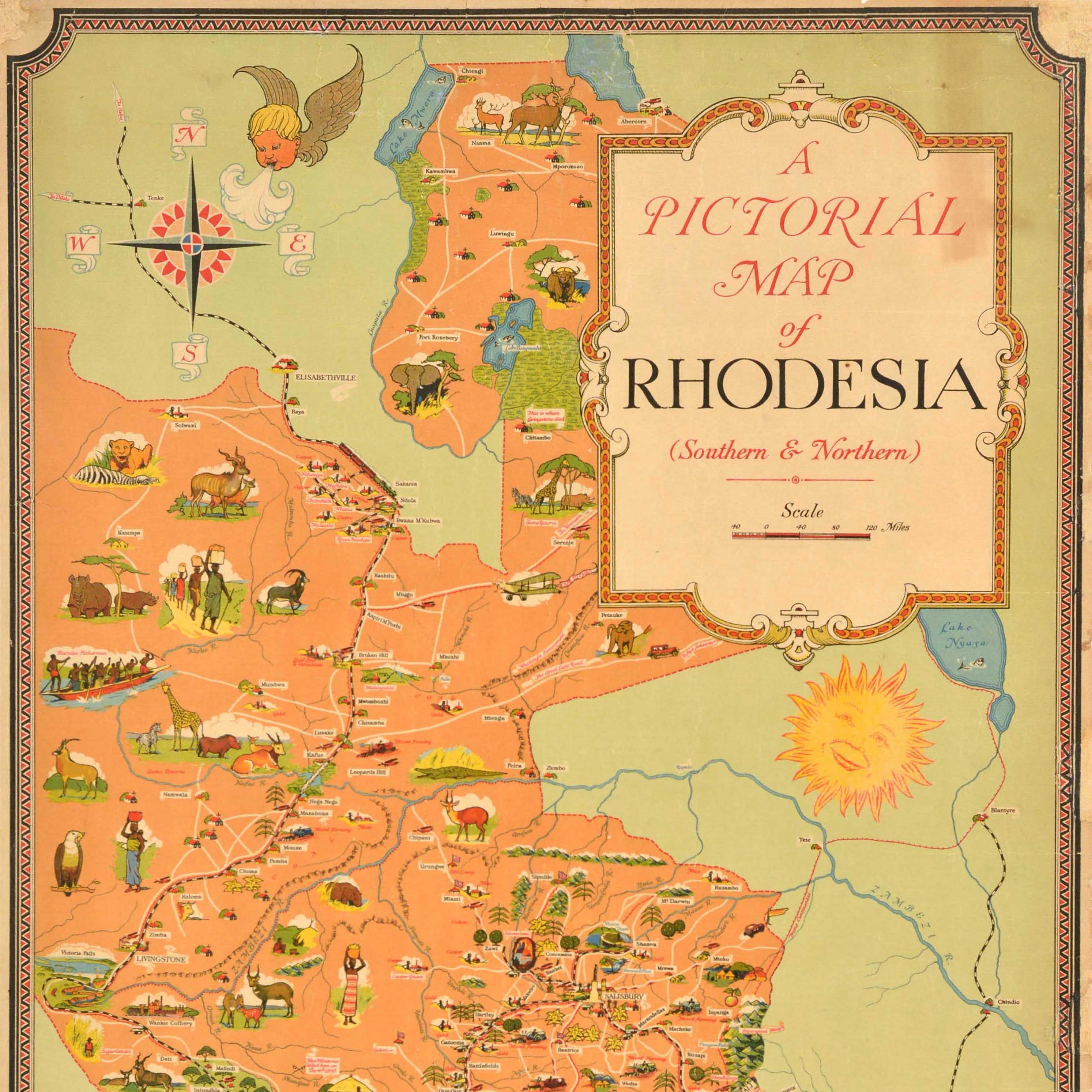 Original Vintage-Reiseplakat - A Pictorial Map of Rhodesia (Southern & Northern) - mit einer farbenfrohen Karte der Region mit den Eisenbahn- und Straßenrouten und Illustrationen von Gebäuden, Rindern, Menschen, Bäumen und Seen, Hügeln, Booten,