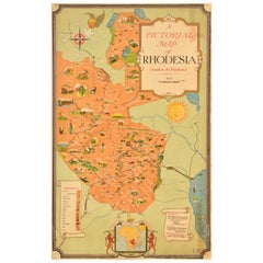 Original Vintage Travel Poster Rhodesia Pictorial Map Southern Africa Zimbabwe