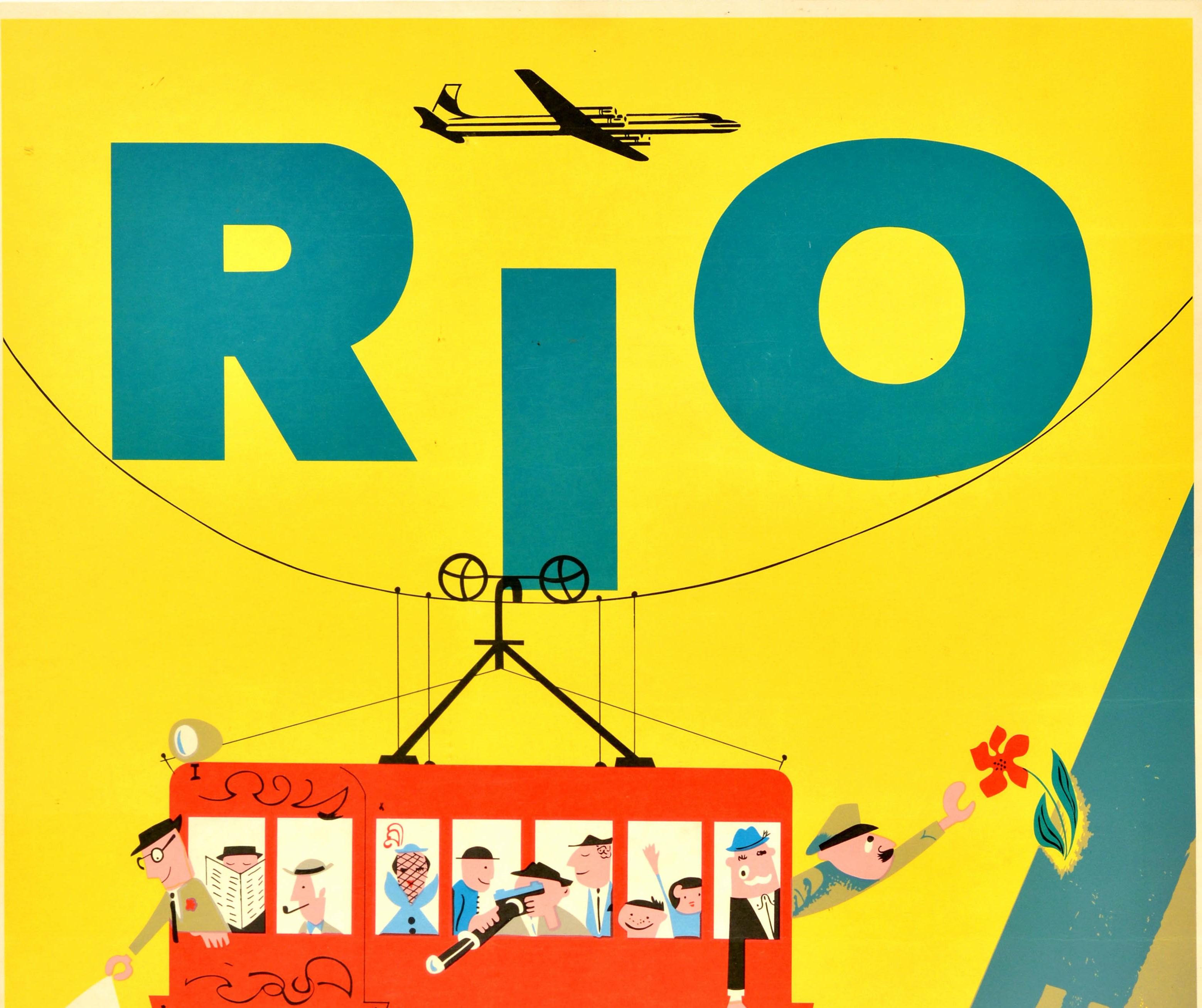 Original vintage travel poster for Rio de Janeiro issued by Braniff International Airways featuring a colourful cartoon illustration of tourists on a red cable car with people enjoying the view, a man smoking a pipe and another reading a newspaper,