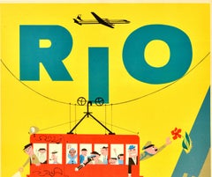 Original Vintage Travel Poster Rio Brazil S. America Sugarloaf Cable Car Braniff