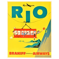 Original Retro Travel Poster Rio Brazil S. America Sugarloaf Cable Car Braniff