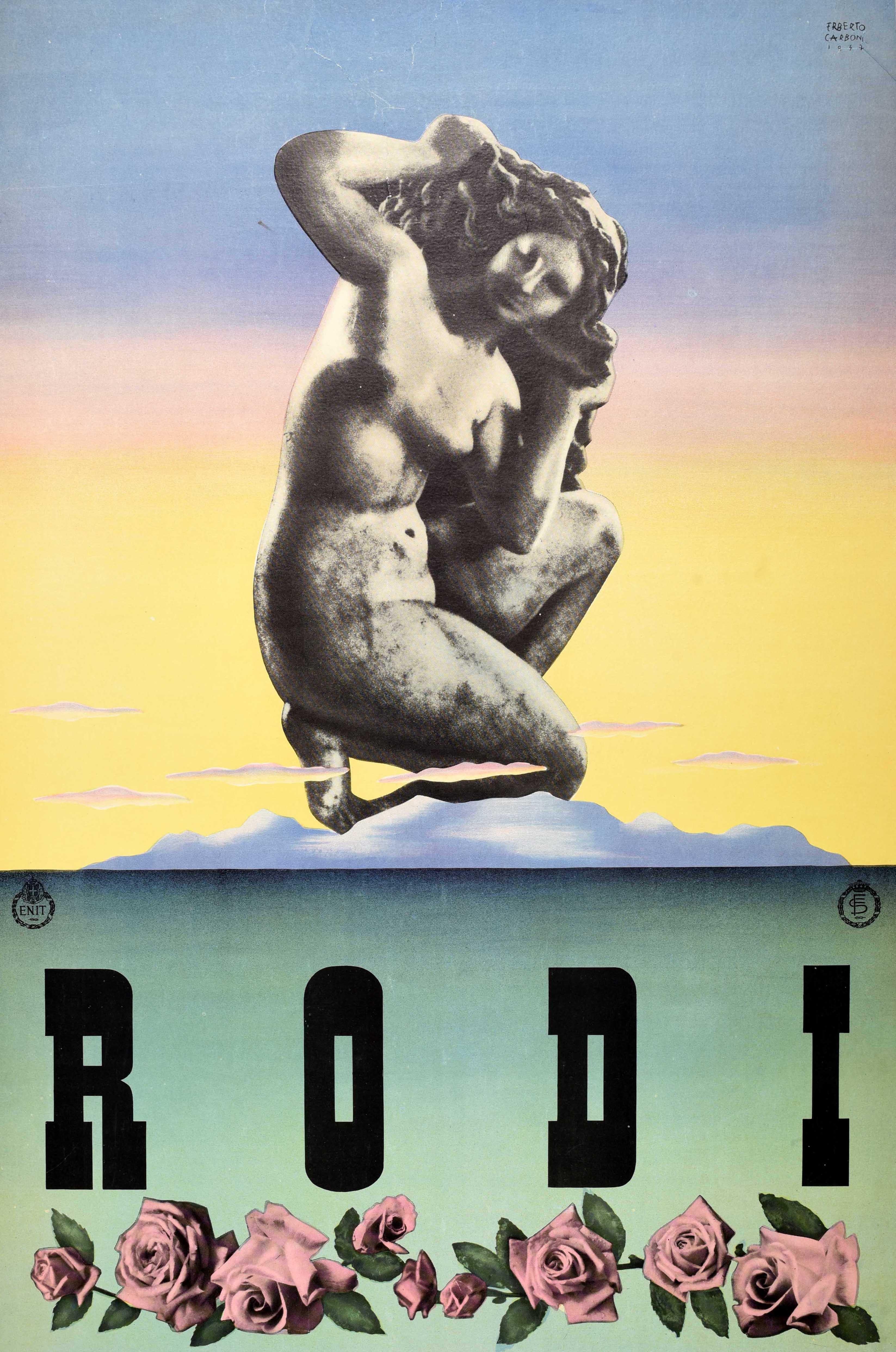 Affiche de voyage originale pour Rhodes / Rhode, émise par l'agence de voyage italienne ENIT, avec un dessin d'Erberto Carboni (1899-1984) représentant une photo de l'ancienne statue d'Aphrodite de Rhodes, agenouillée sur l'île de Rhodes sous forme